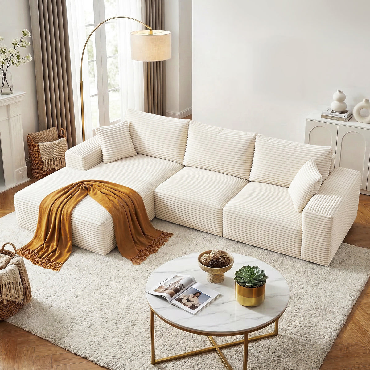 3 Seater Modular Boneless Sofa Bed Sectional with Corduroy Upholstery - White