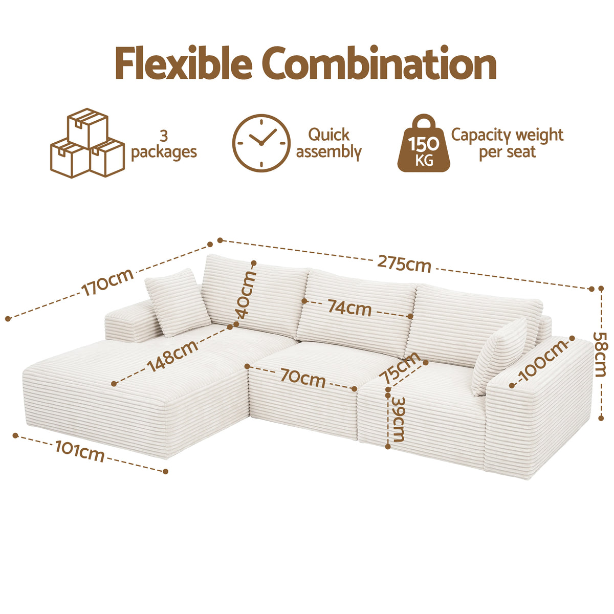 3 Seater Modular Boneless Sofa Bed Sectional with Corduroy Upholstery - White