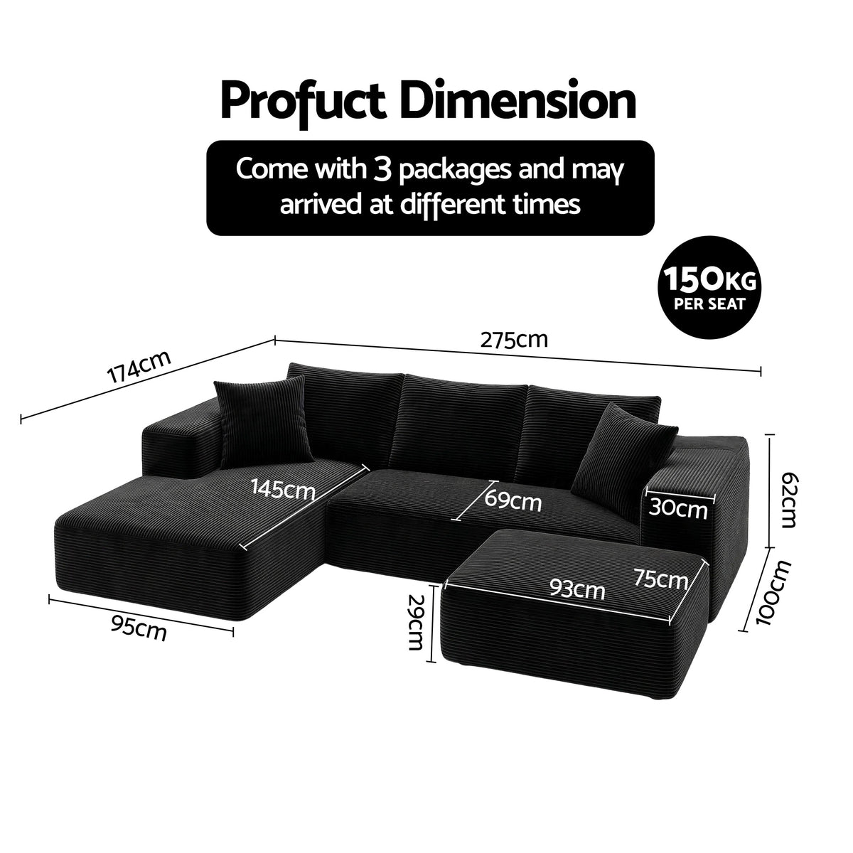 Modular Corduroy Sofa Bed with Ottoman Sectional Boneless Couch for Living Room - Black
