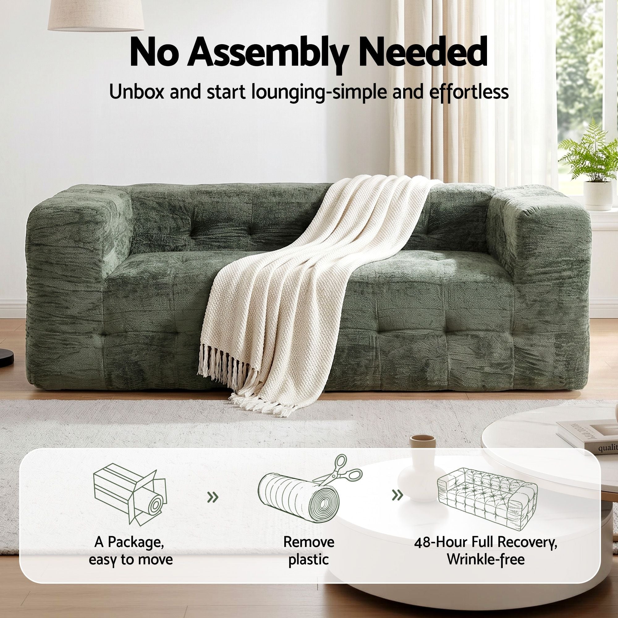Comfort Boneless Sofa for Living Room Green Luxury Chenille
