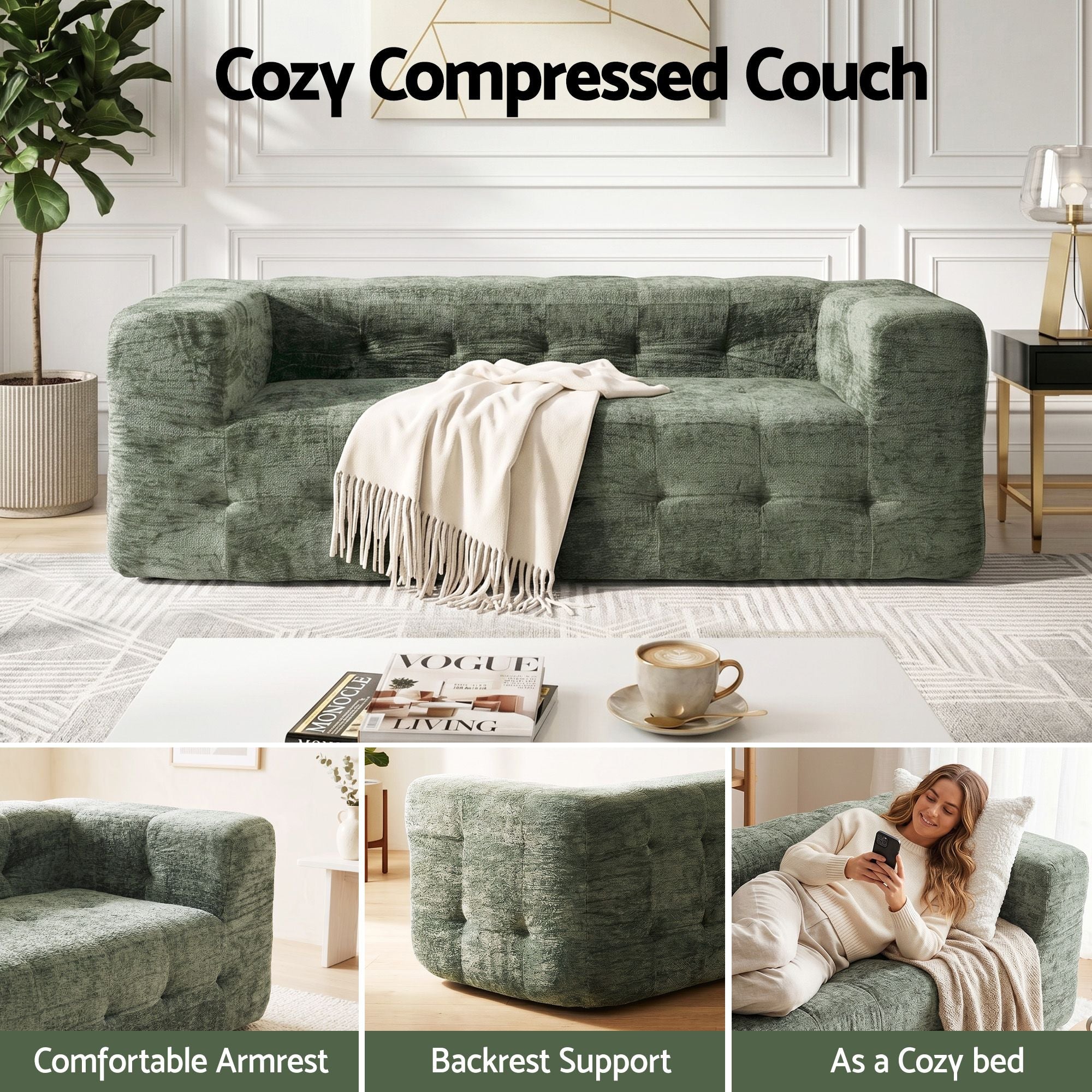 Comfort Boneless Sofa for Living Room Green Luxury Chenille