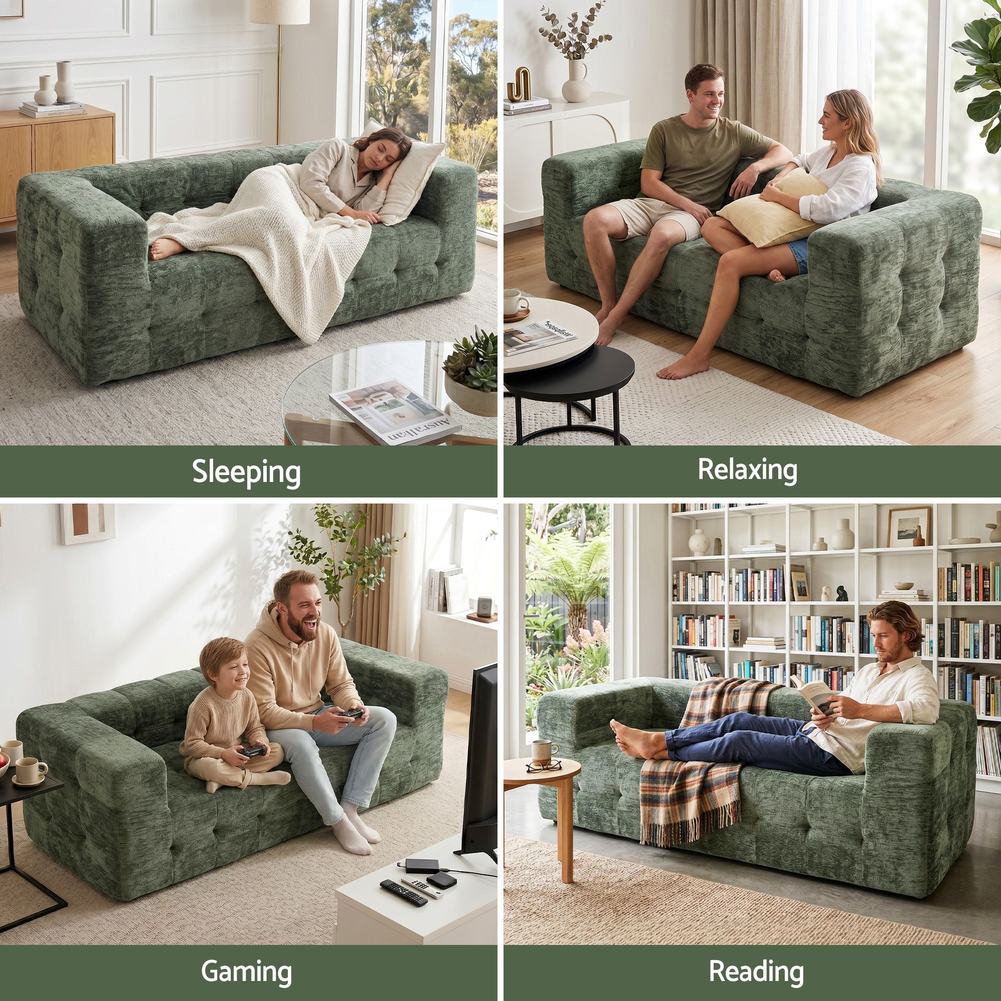 Comfort Boneless Sofa for Living Room Green Luxury Chenille
