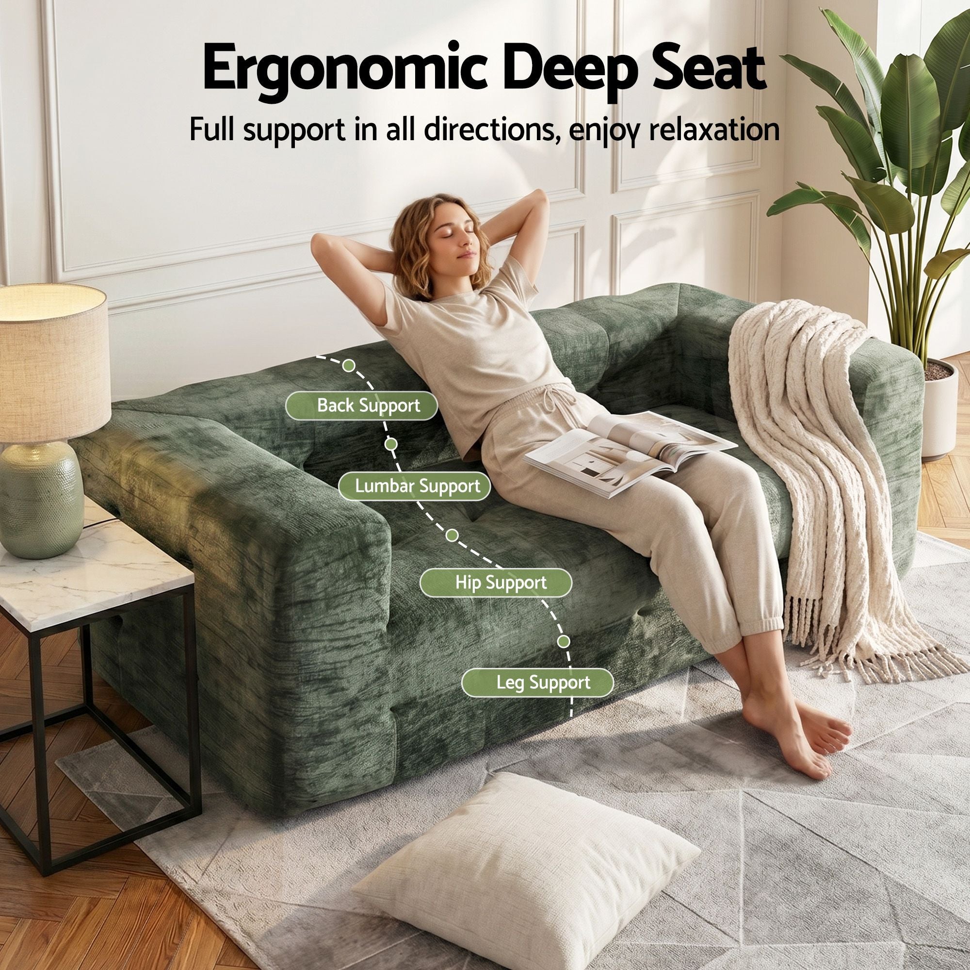 Comfort Boneless Sofa for Living Room Green Luxury Chenille
