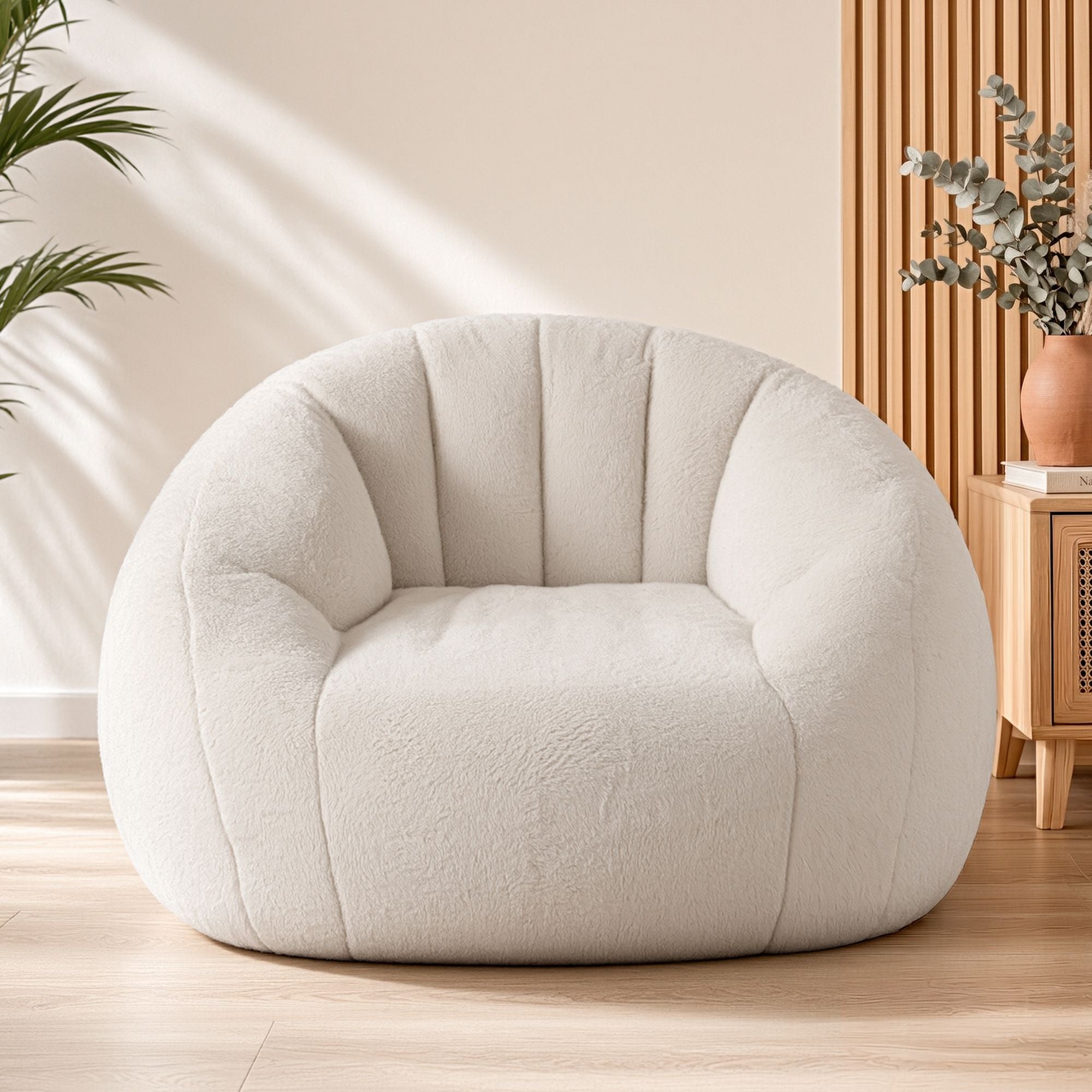 Single Small Boneless Couch Comfy Bean Bag for Living Room Faux Fur White