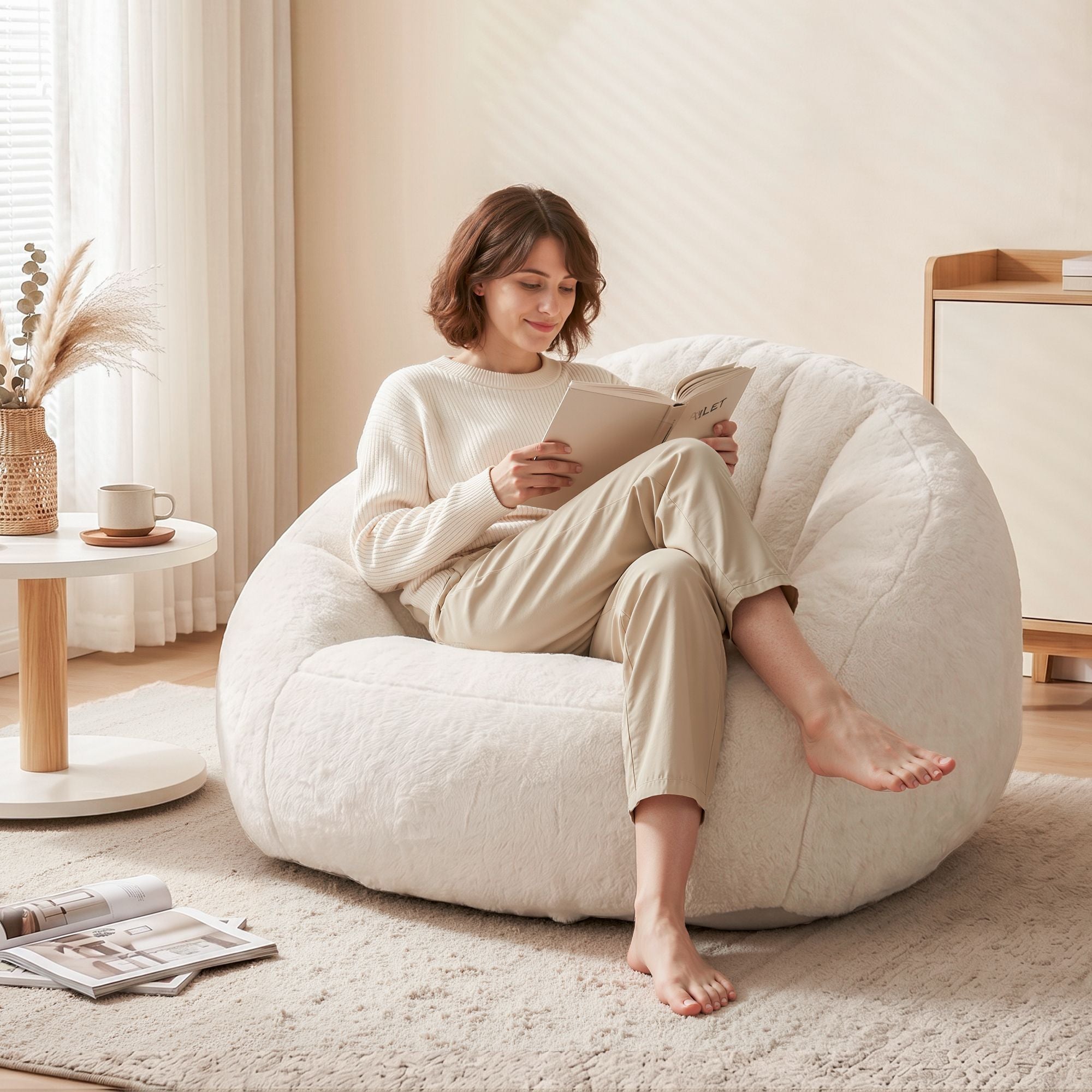 Single Small Boneless Couch Comfy Bean Bag for Living Room Faux Fur White
