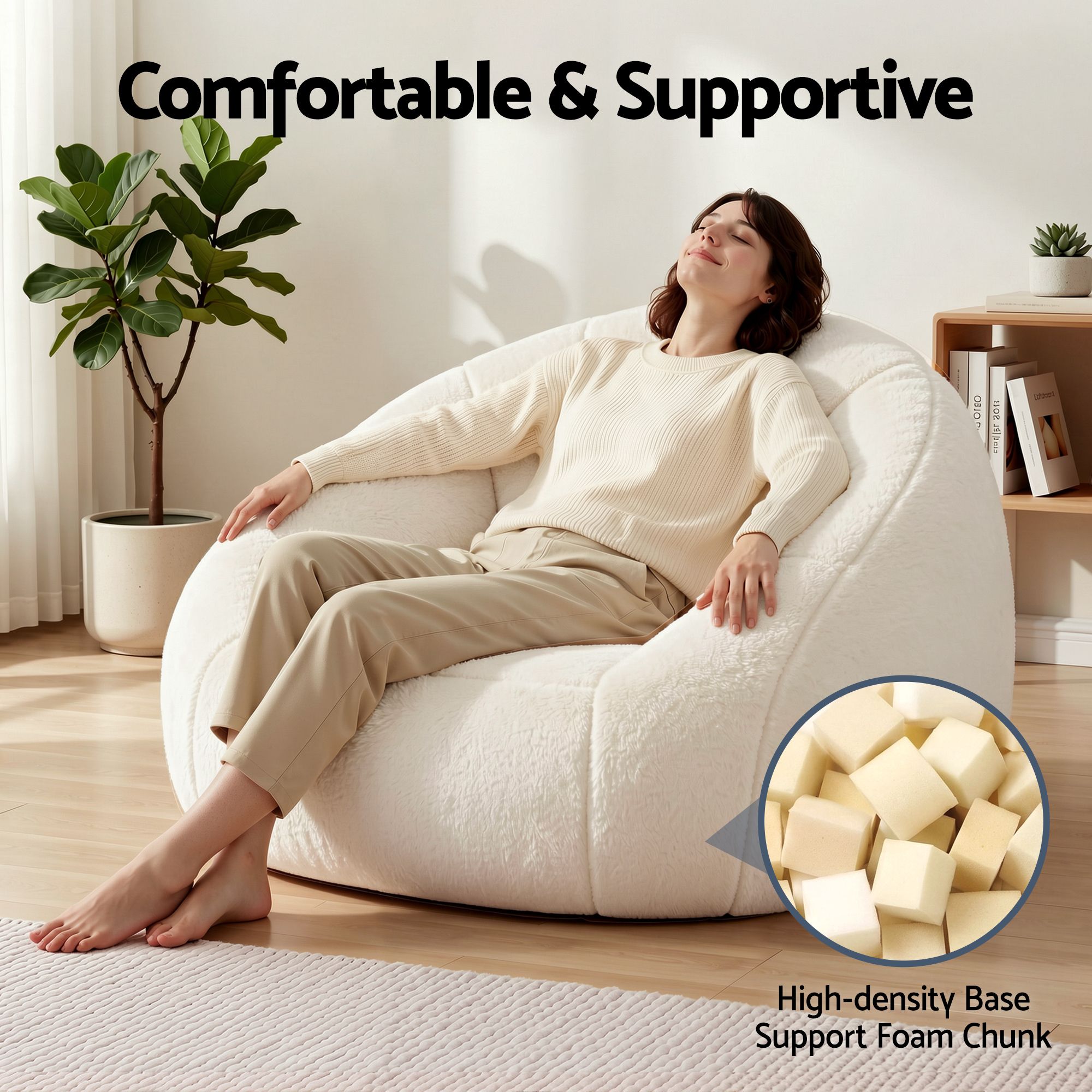 Single Small Boneless Couch Comfy Bean Bag for Living Room Faux Fur White