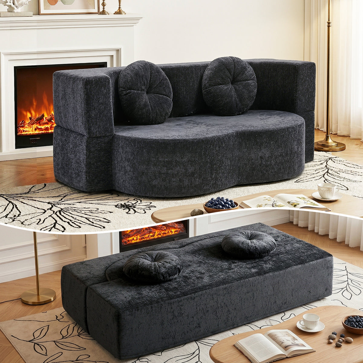 2 in 1 Convertible Boneless Folding Sofa Bed with 2 Pillows - Grey
