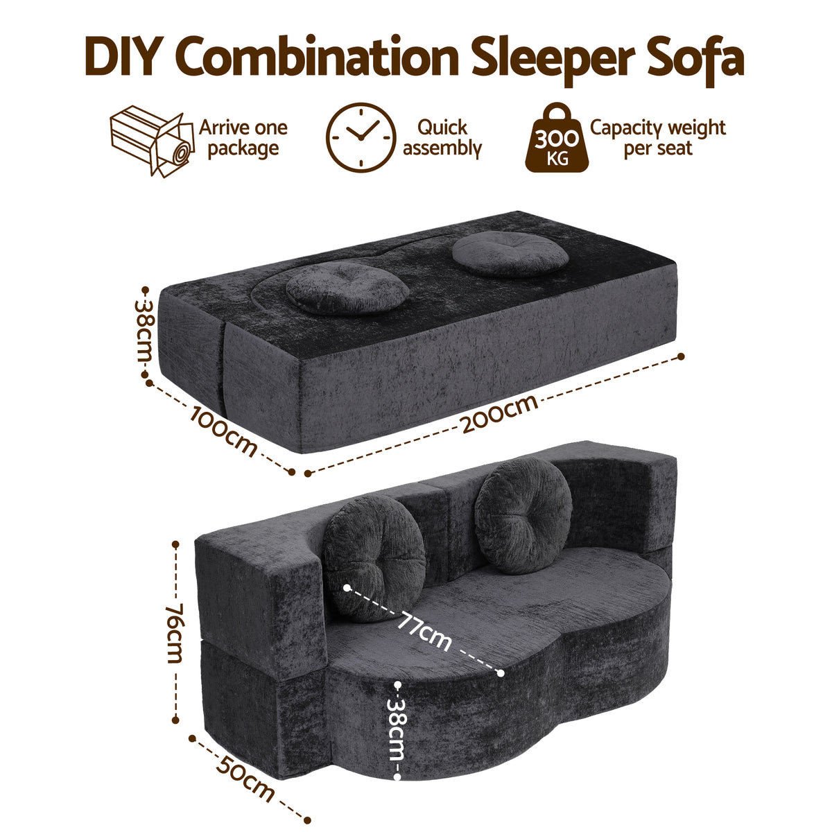 2 in 1 Convertible Boneless Folding Sofa Bed with 2 Pillows - Grey