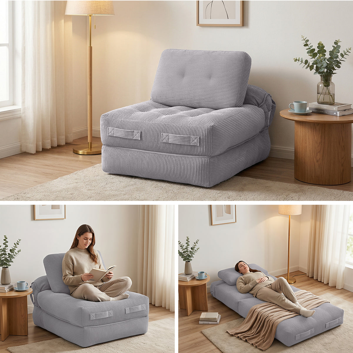1 Seater Corduroy Convertible Boneless Sofa Bed Pull Out Couch - Grey