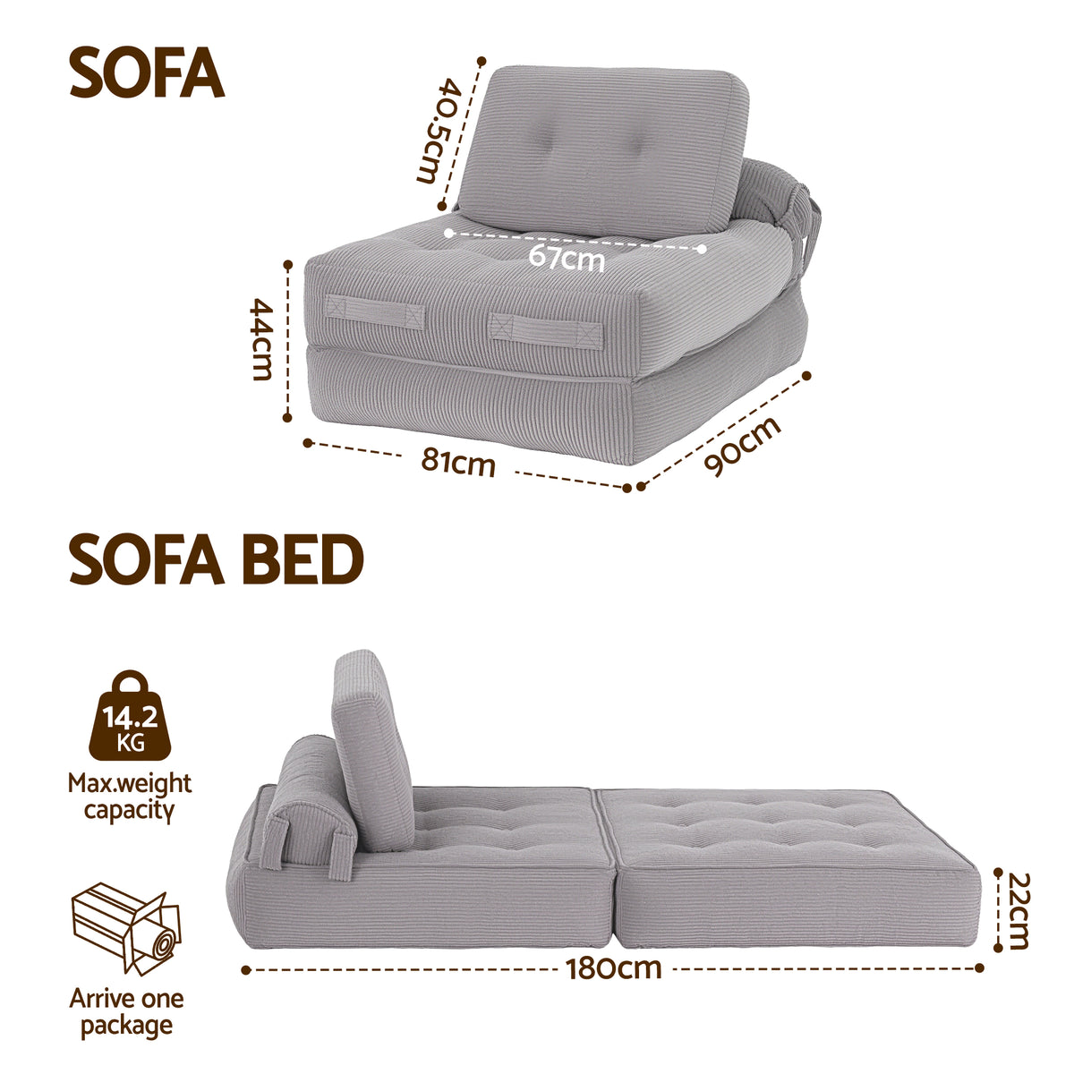 1 Seater Corduroy Convertible Boneless Sofa Bed Pull Out Couch - Grey
