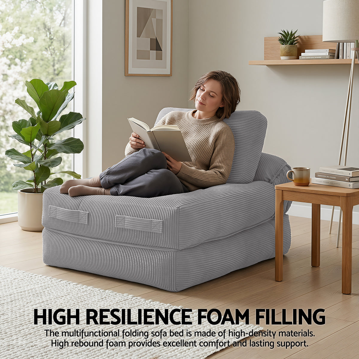 1 Seater Corduroy Convertible Boneless Sofa Bed Pull Out Couch - Grey