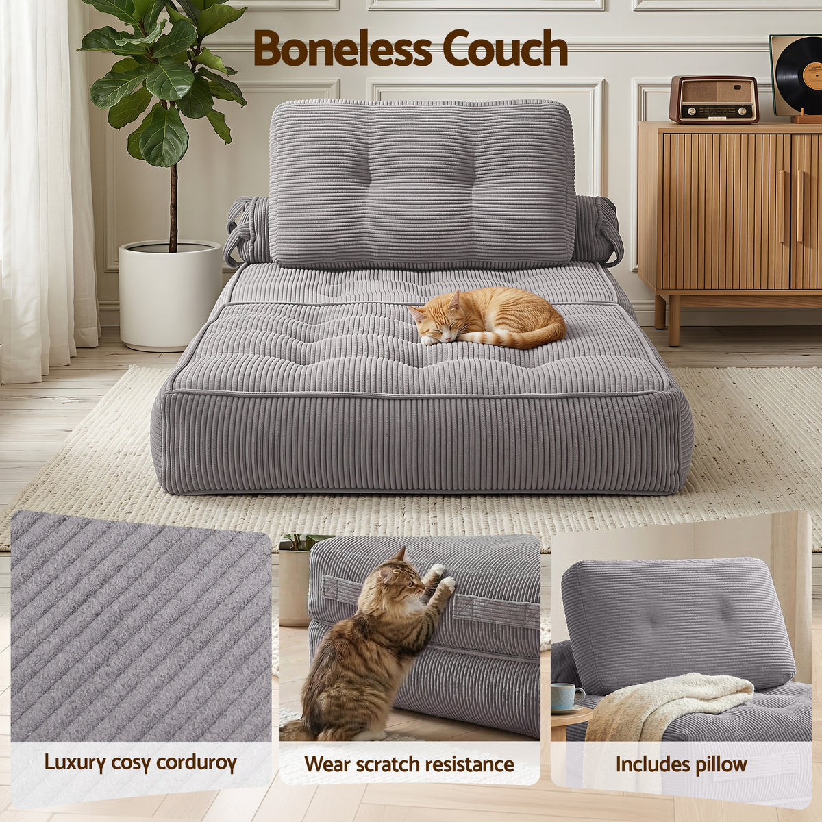 1 Seater Corduroy Convertible Boneless Sofa Bed Pull Out Couch - Grey