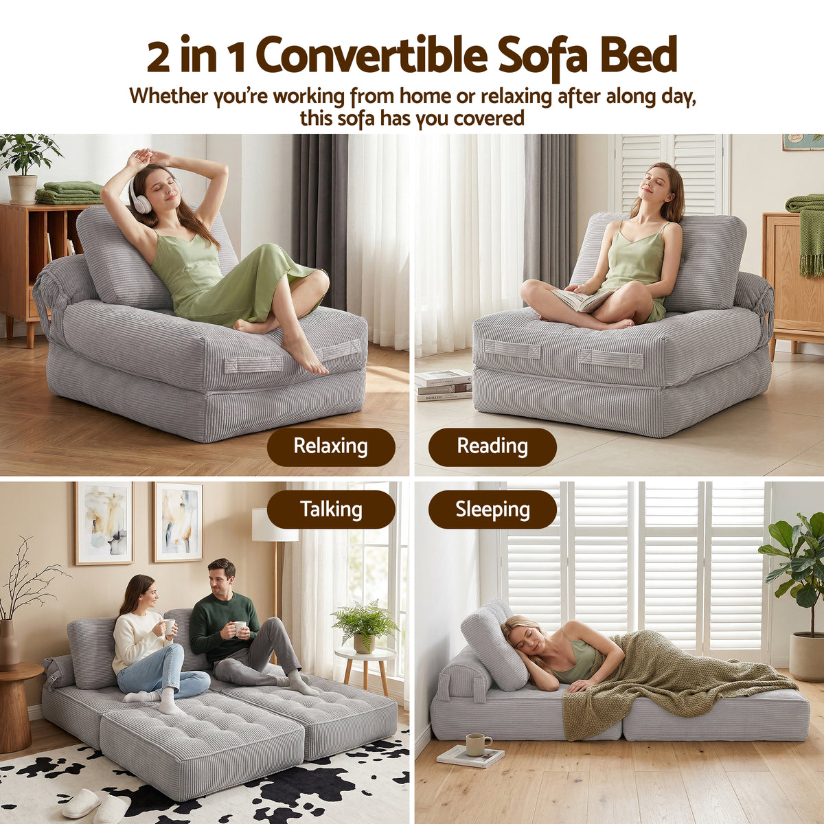 1 Seater Corduroy Convertible Boneless Sofa Bed Pull Out Couch - Grey