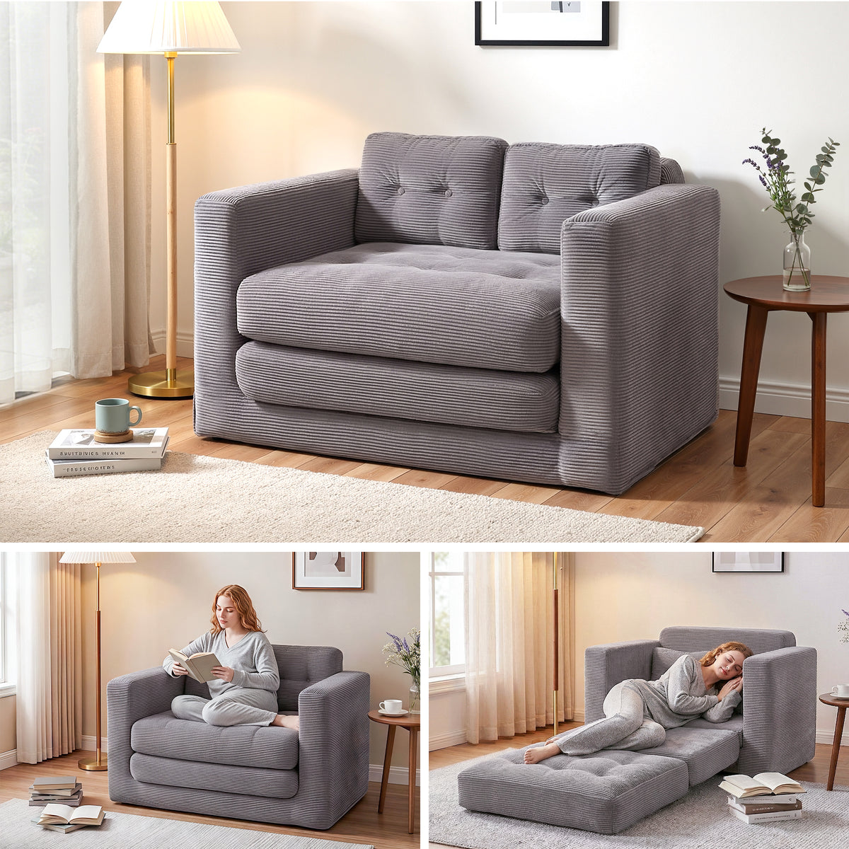 2 Seater Corduroy Convertible Boneless Sofa Bed Pull Out Couch - Grey
