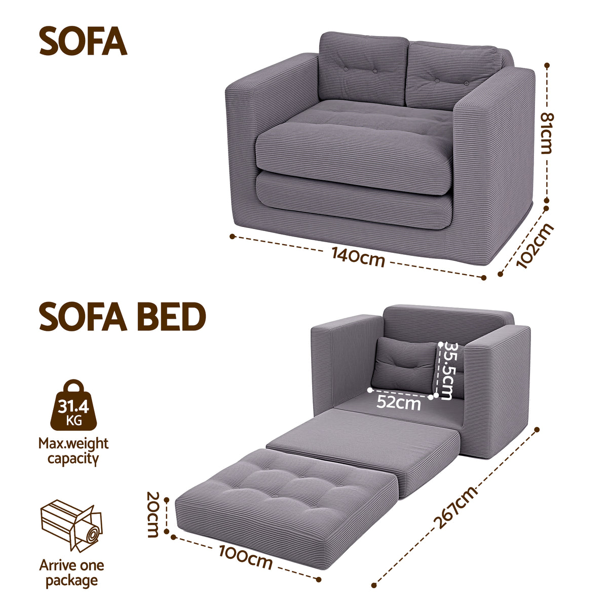2 Seater Corduroy Convertible Boneless Sofa Bed Pull Out Couch - Grey
