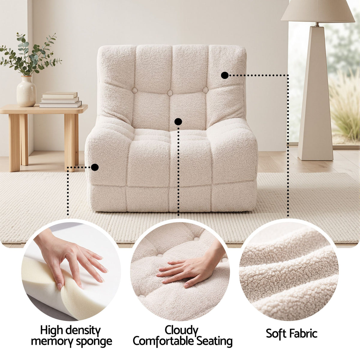 Set of 3 Modular Boneless Sofa Couches No Assembly - White