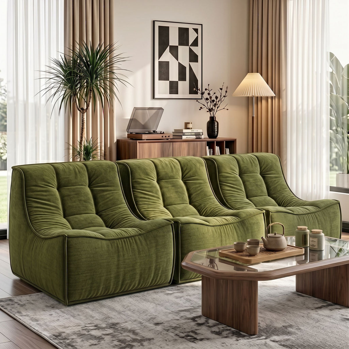 Set of 3 Modular Boneless Sofa Couches No Assembly - Green