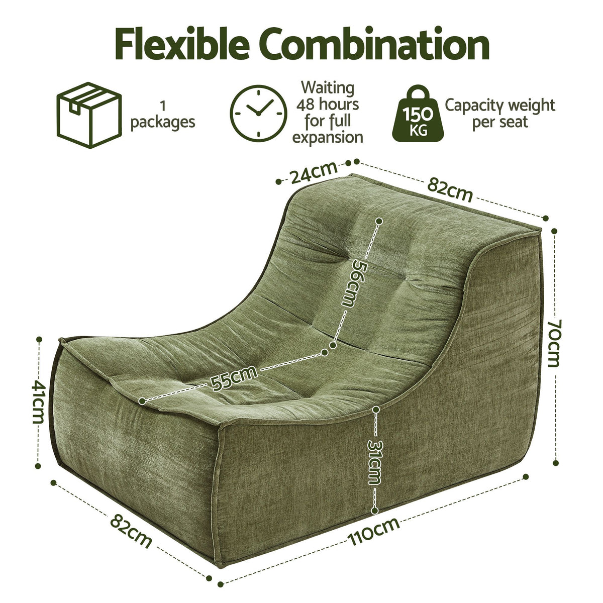 Set of 3 Modular Boneless Sofa Couches No Assembly - Green