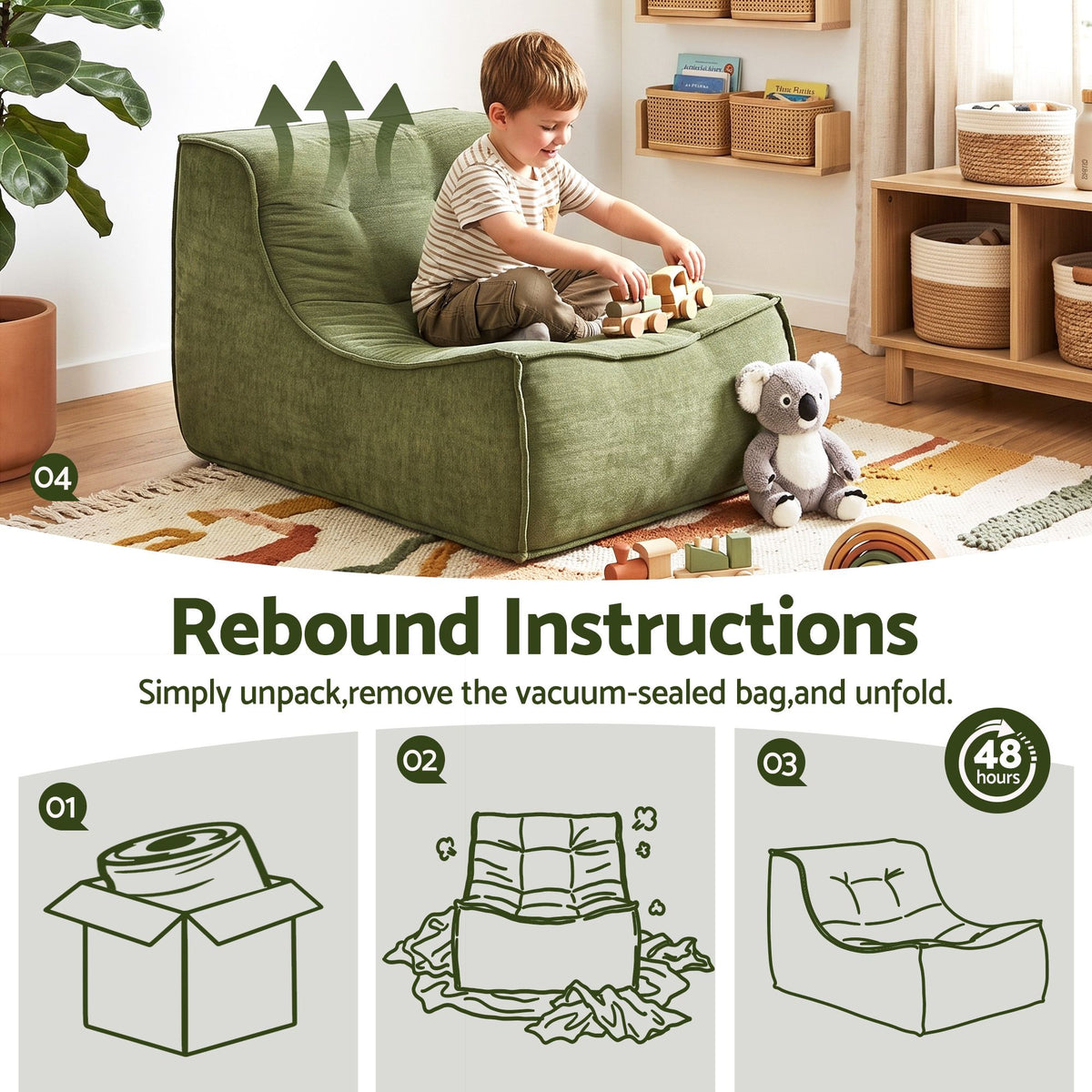 Set of 3 Modular Boneless Sofa Couches No Assembly - Green