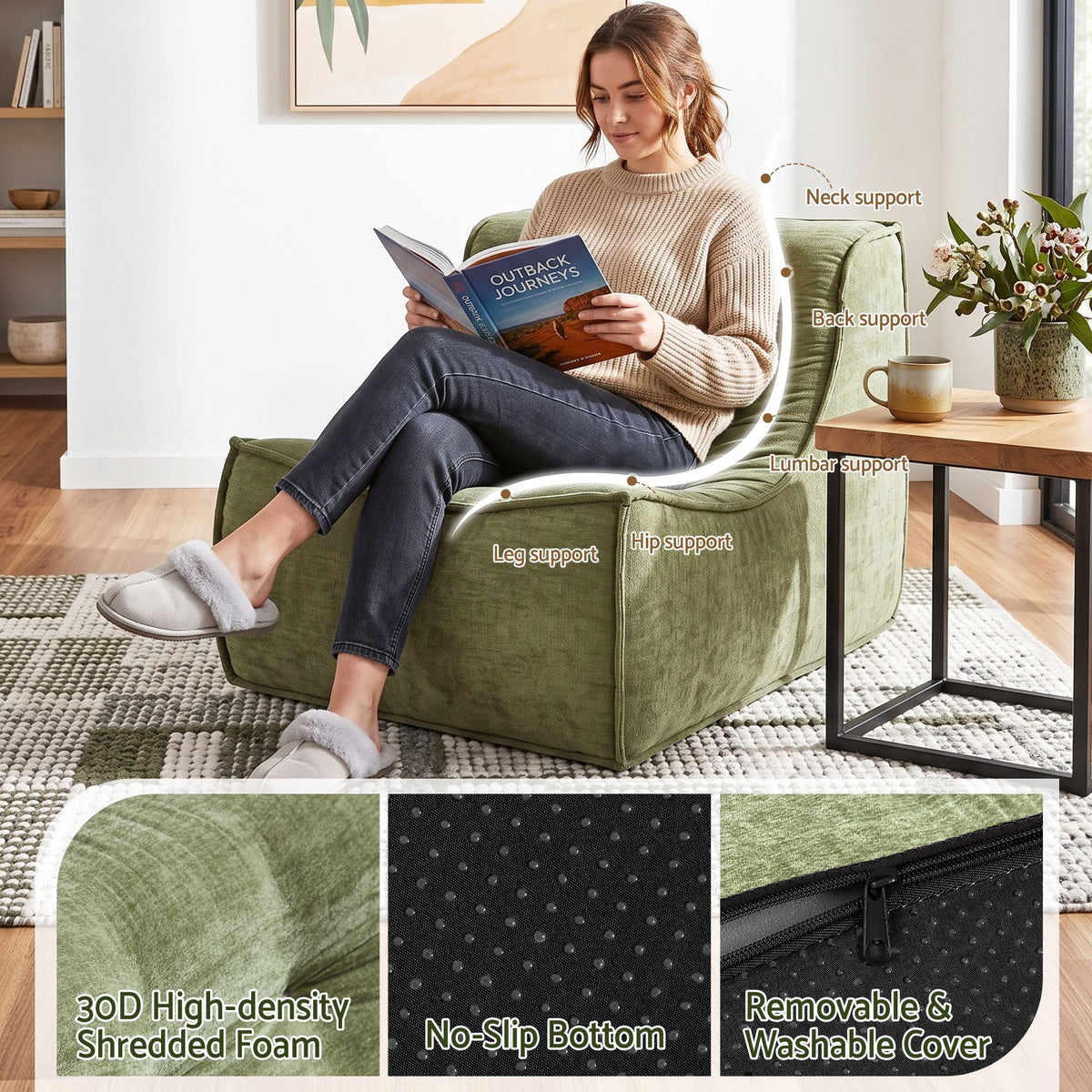 Set of 3 Modular Boneless Sofa Couches No Assembly - Green