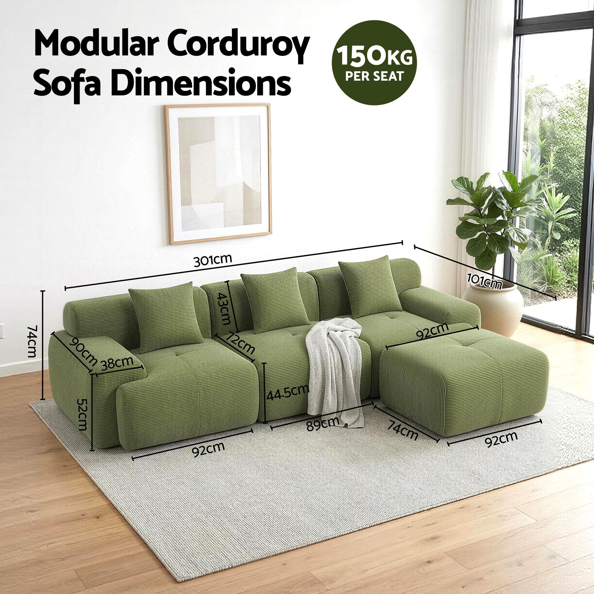 300cm Modular Sofa Bed Comfort L-Shaped Sectional Boneless Couch Green
