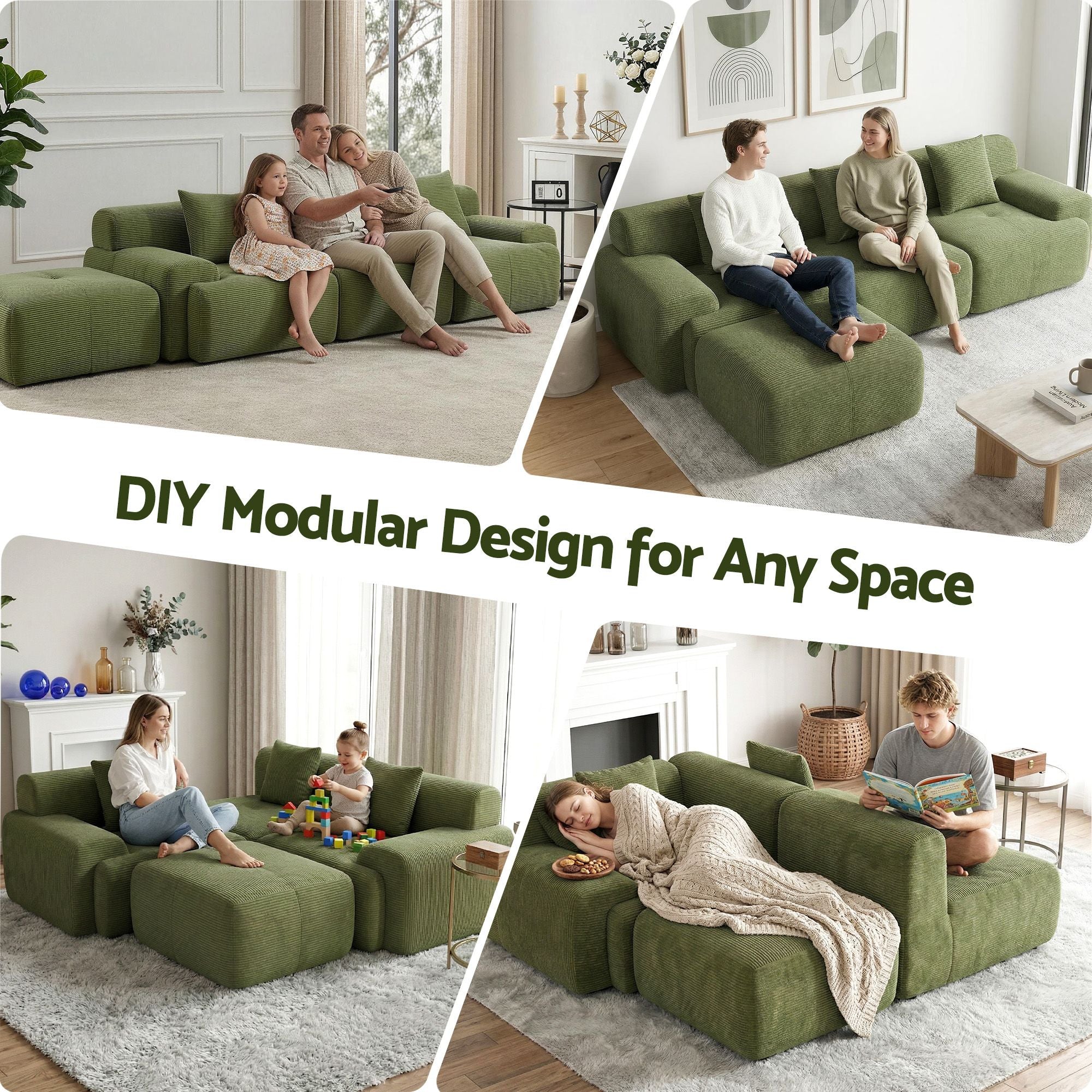 300cm Modular Sofa Bed Comfort L-Shaped Sectional Boneless Couch Green