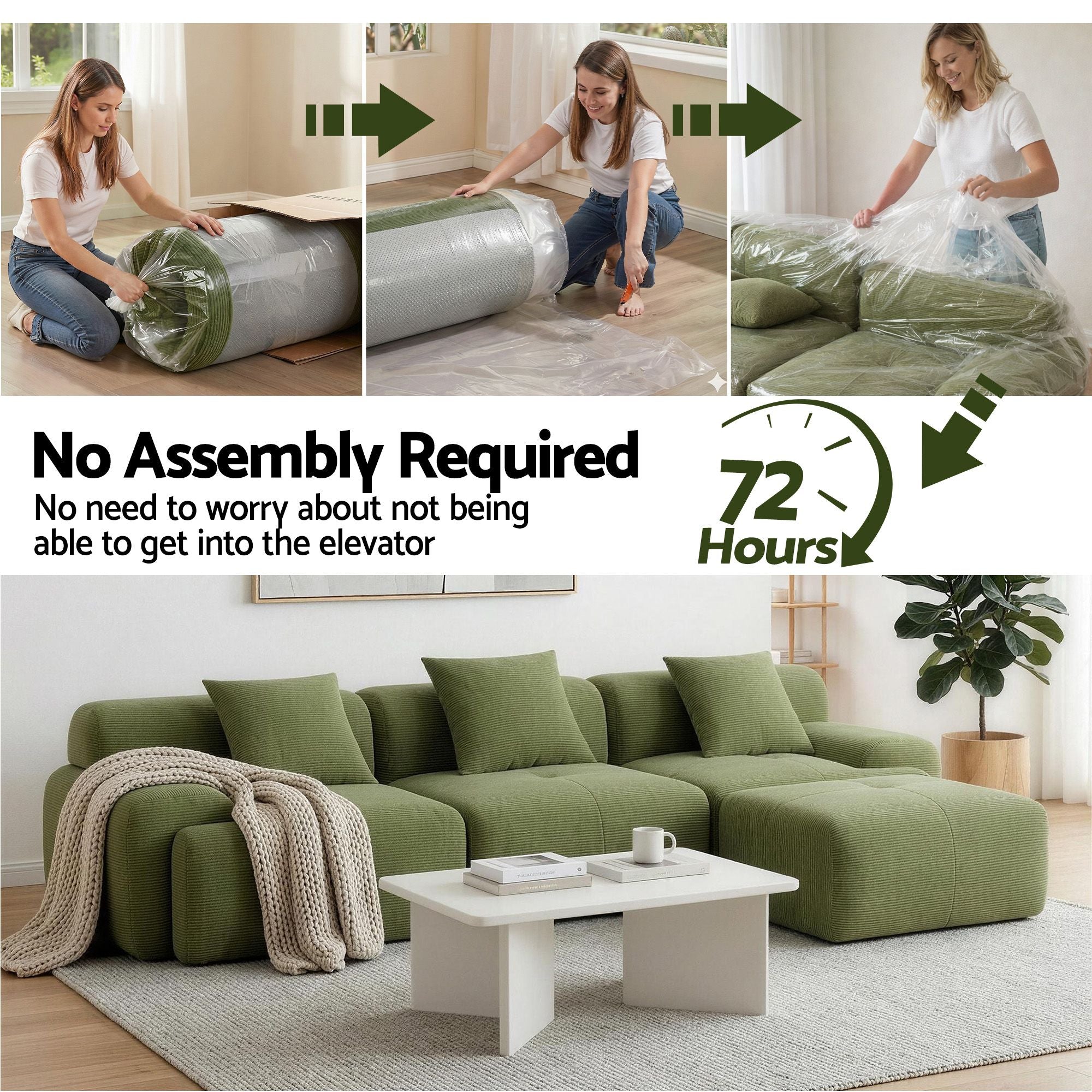 300cm Modular Sofa Bed Comfort L-Shaped Sectional Boneless Couch Green