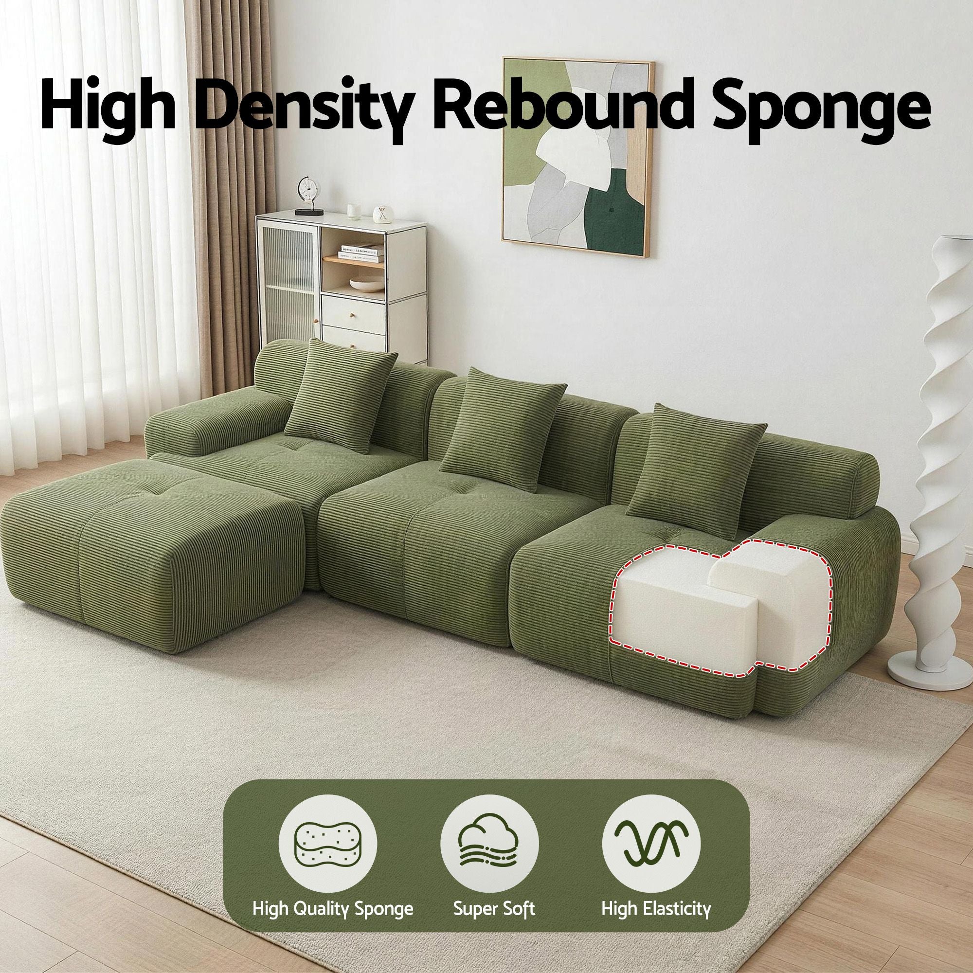 300cm Modular Sofa Bed Comfort L-Shaped Sectional Boneless Couch Green