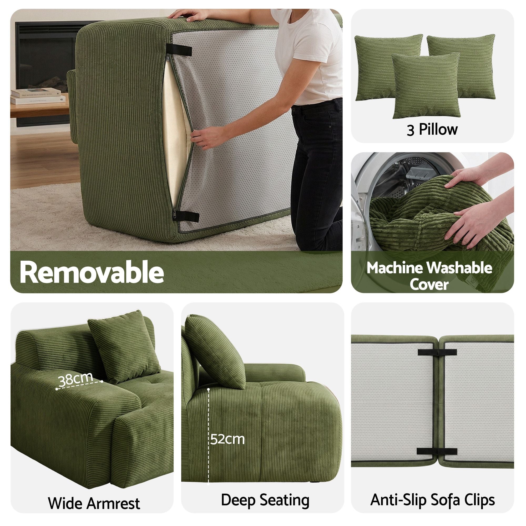 300cm Modular Sofa Bed Comfort L-Shaped Sectional Boneless Couch Green