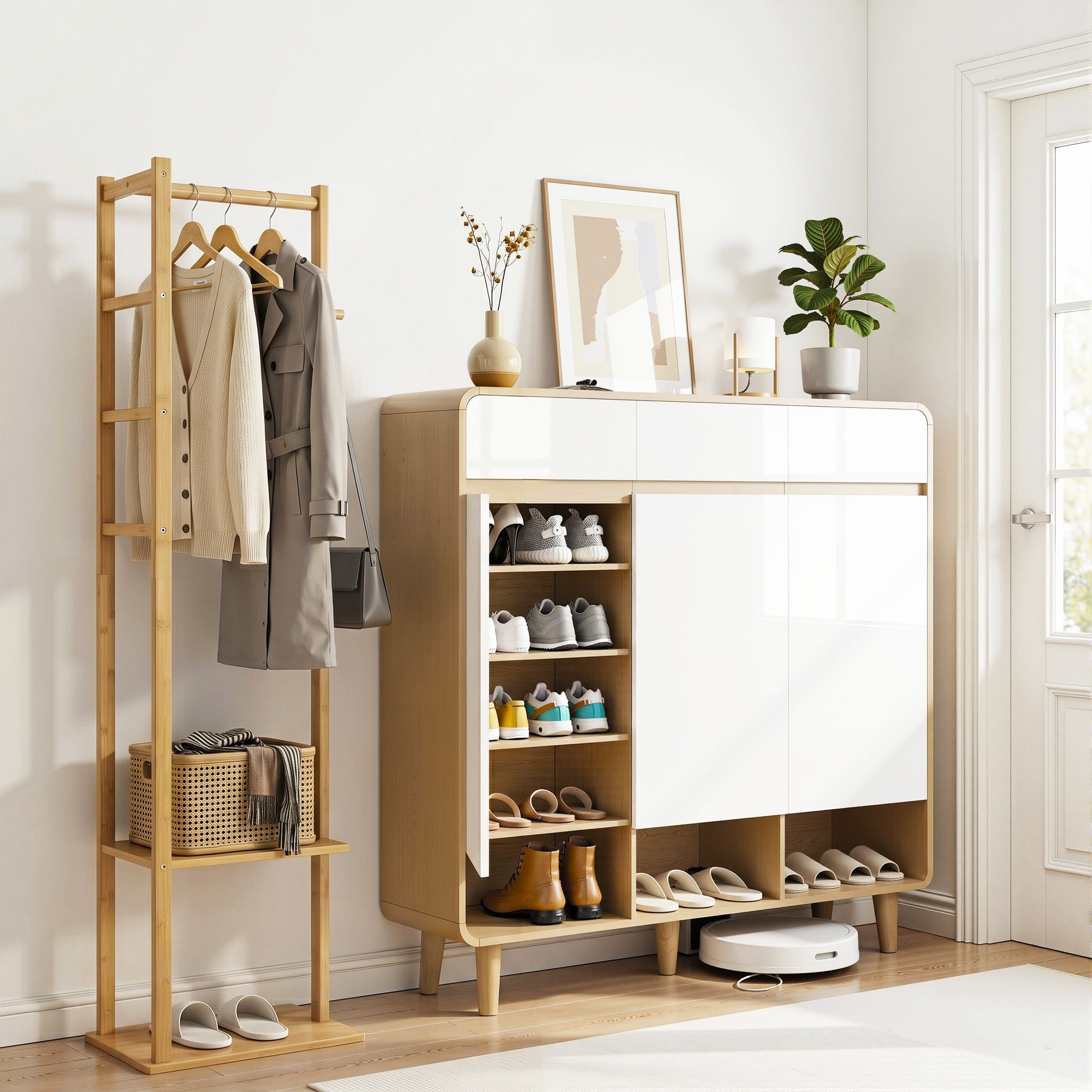 Shoe Rack Cabinet Wooden & Bamboo Clothes Rack Set Storage Shelf White Pine