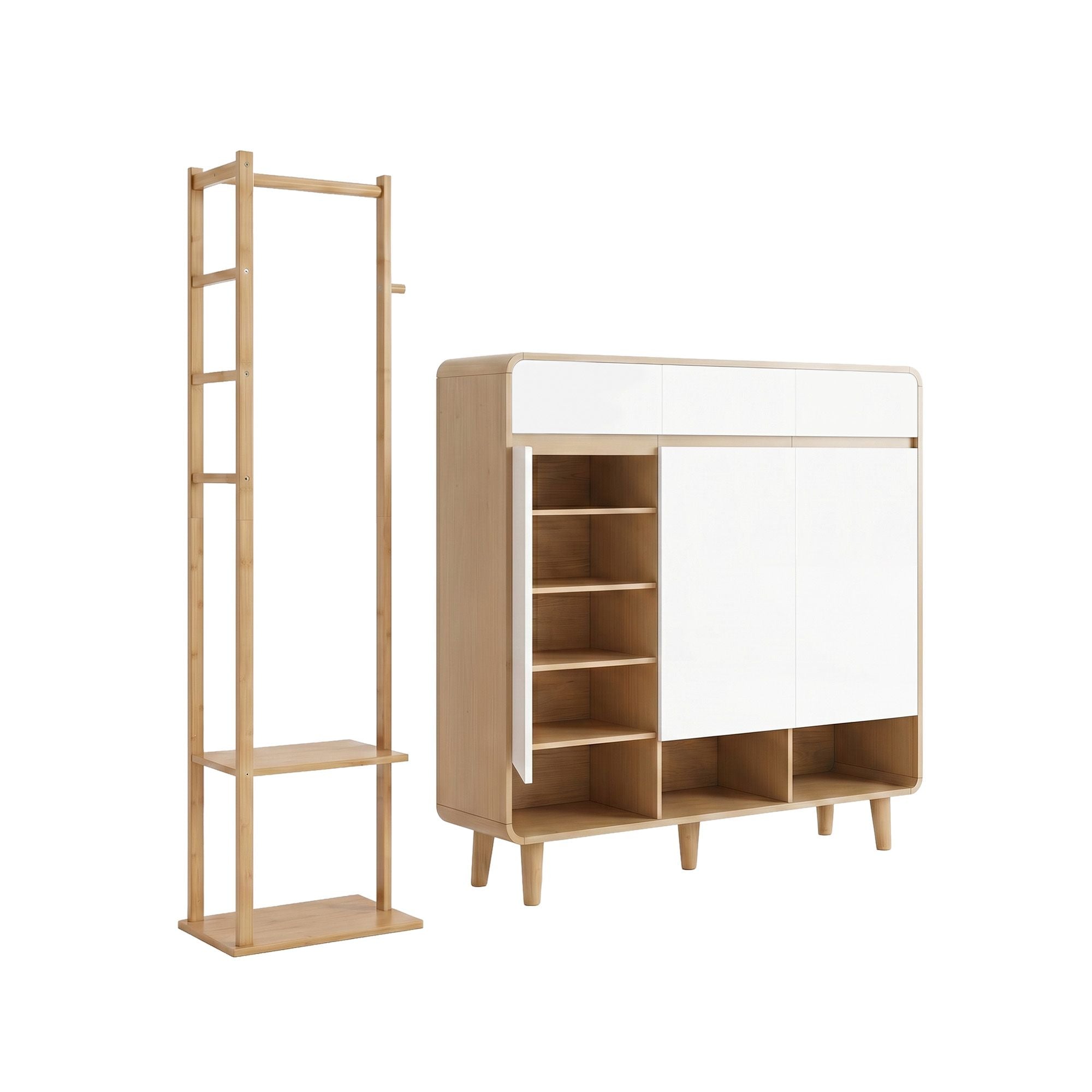 Shoe Rack Cabinet Wooden & Bamboo Clothes Rack Set Storage Shelf White Pine