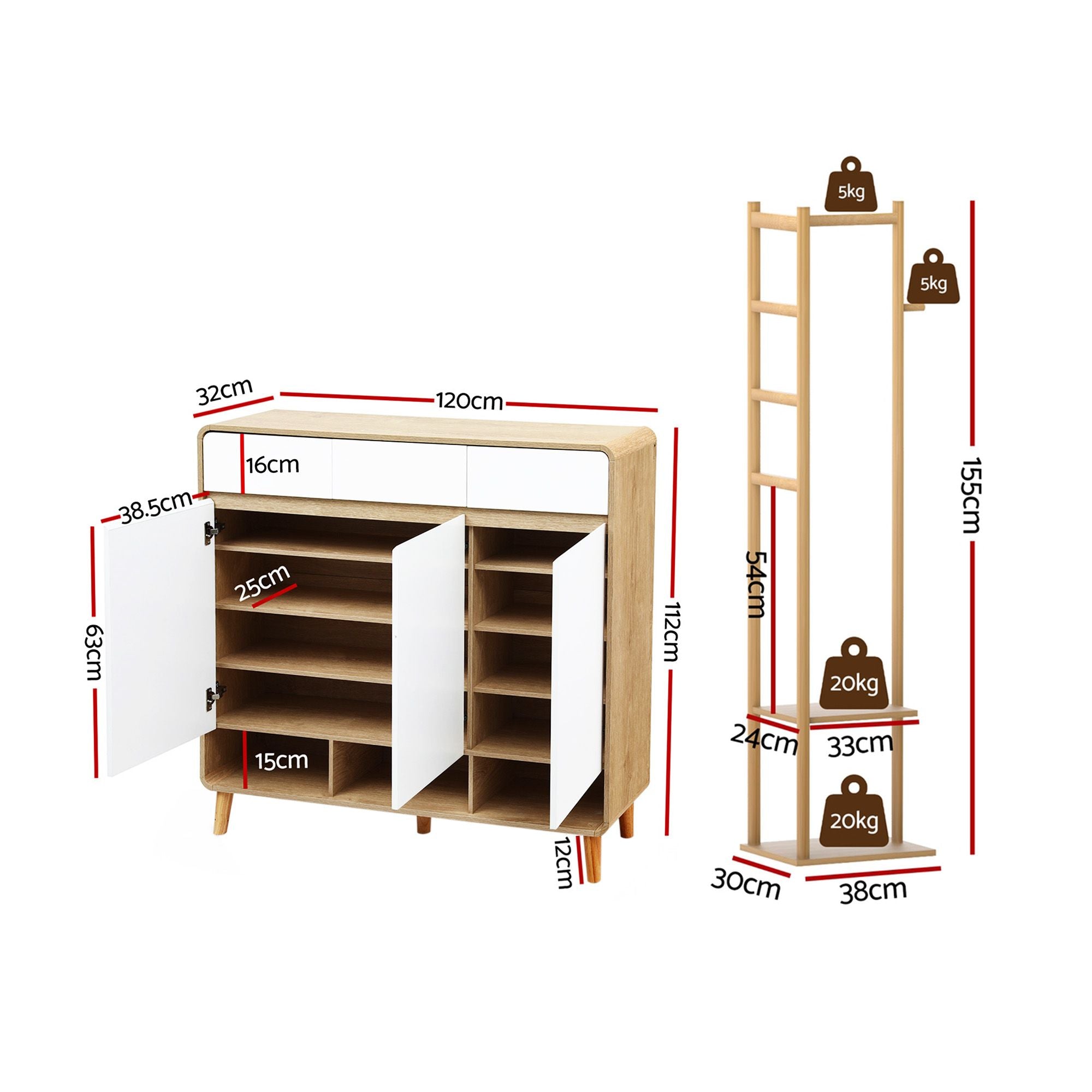Shoe Rack Cabinet Wooden & Bamboo Clothes Rack Set Storage Shelf White Pine