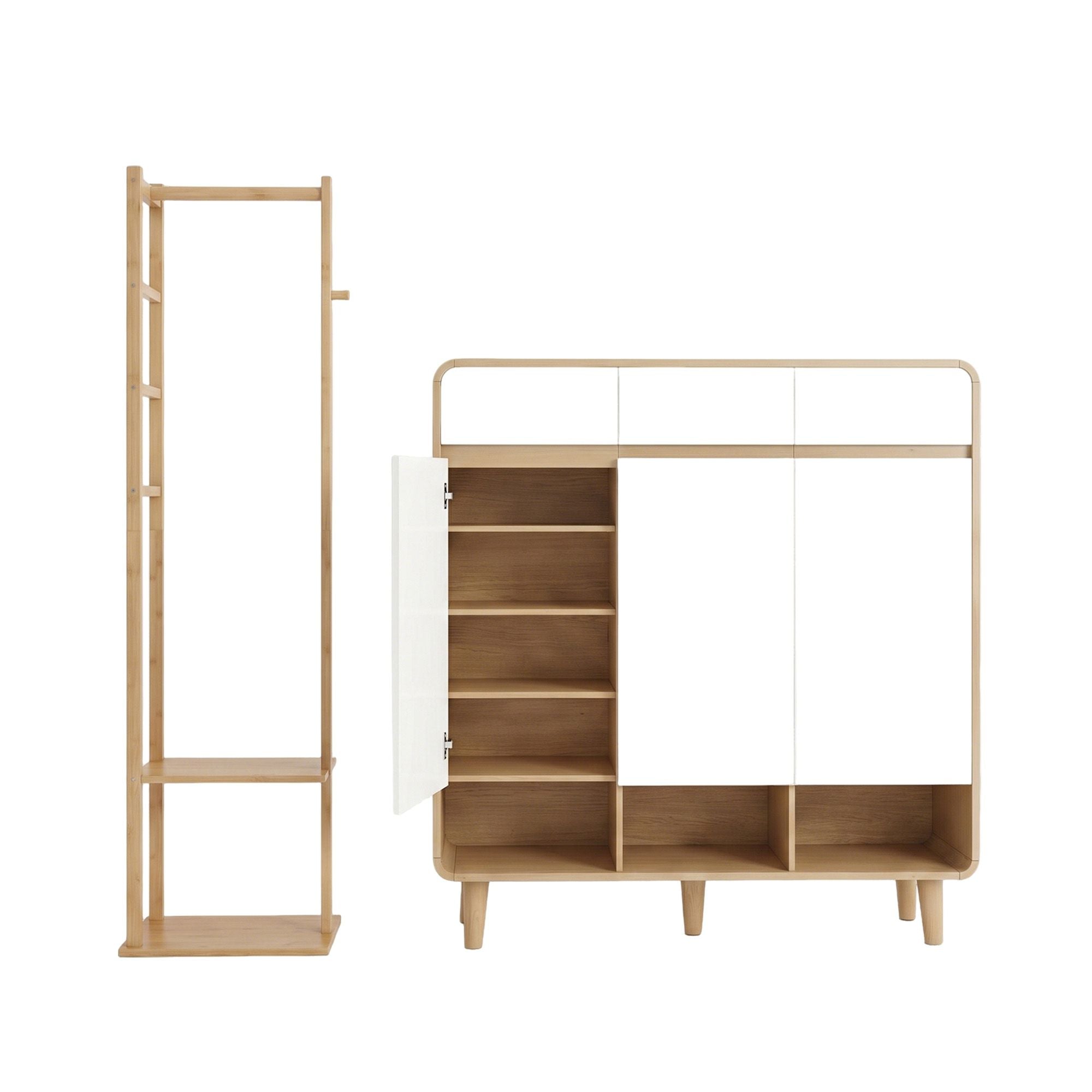 Shoe Rack Cabinet Wooden & Bamboo Clothes Rack Set Storage Shelf White Pine