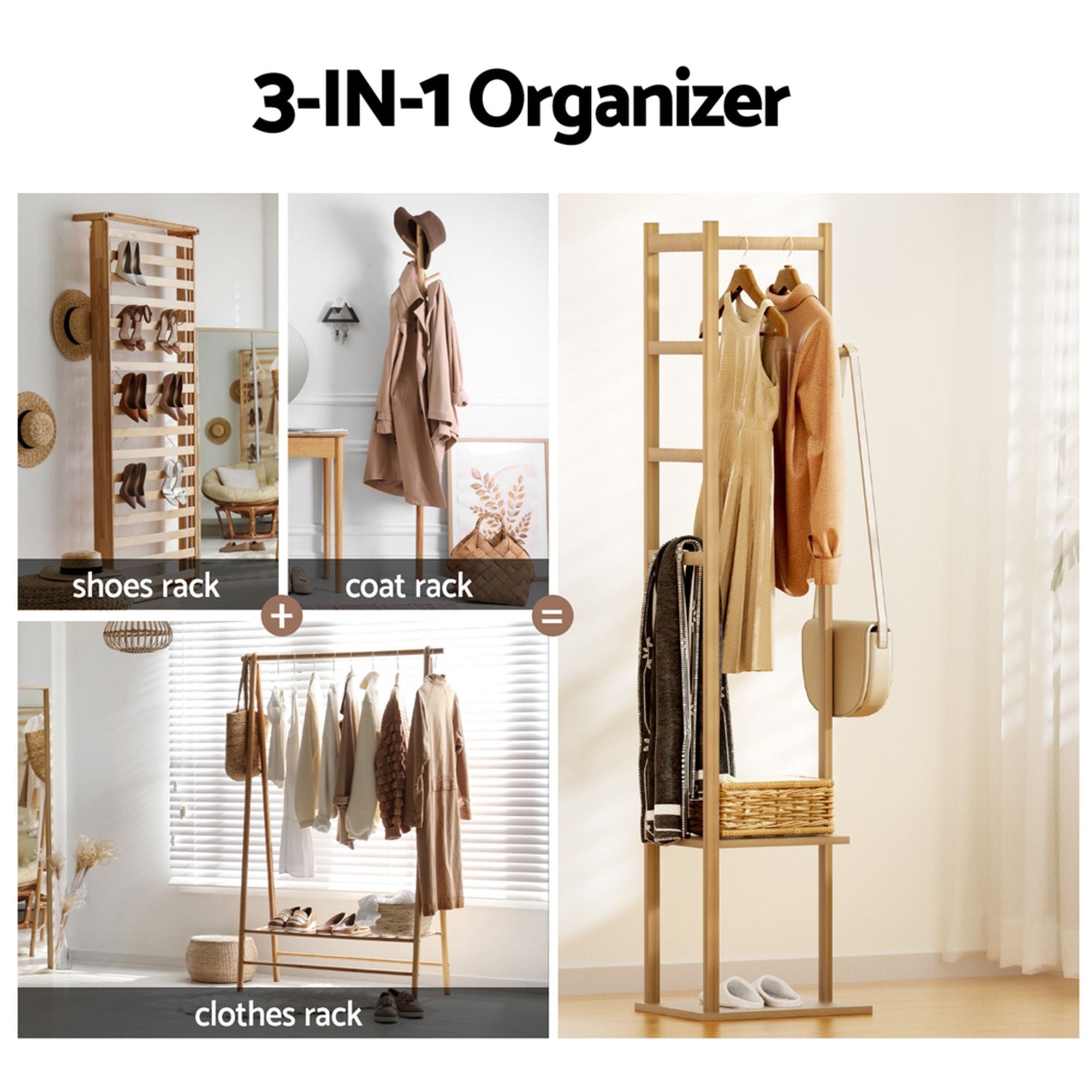 Shoe Rack Cabinet Wooden & Bamboo Clothes Rack Set Storage Shelf White Pine