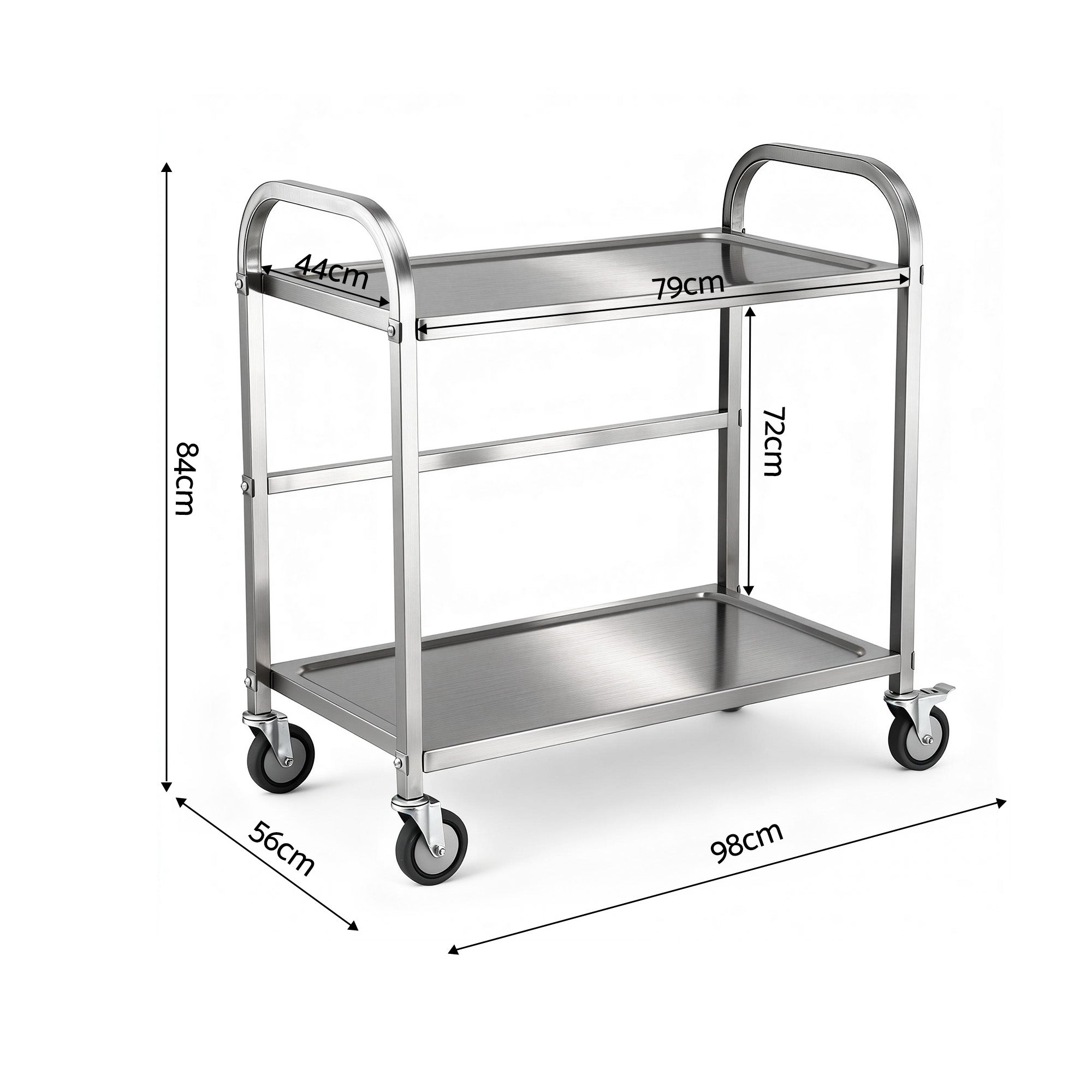 2-Tier Stainless Steel Kitchen Trolley with Wheels 84x56x98cm - Silver