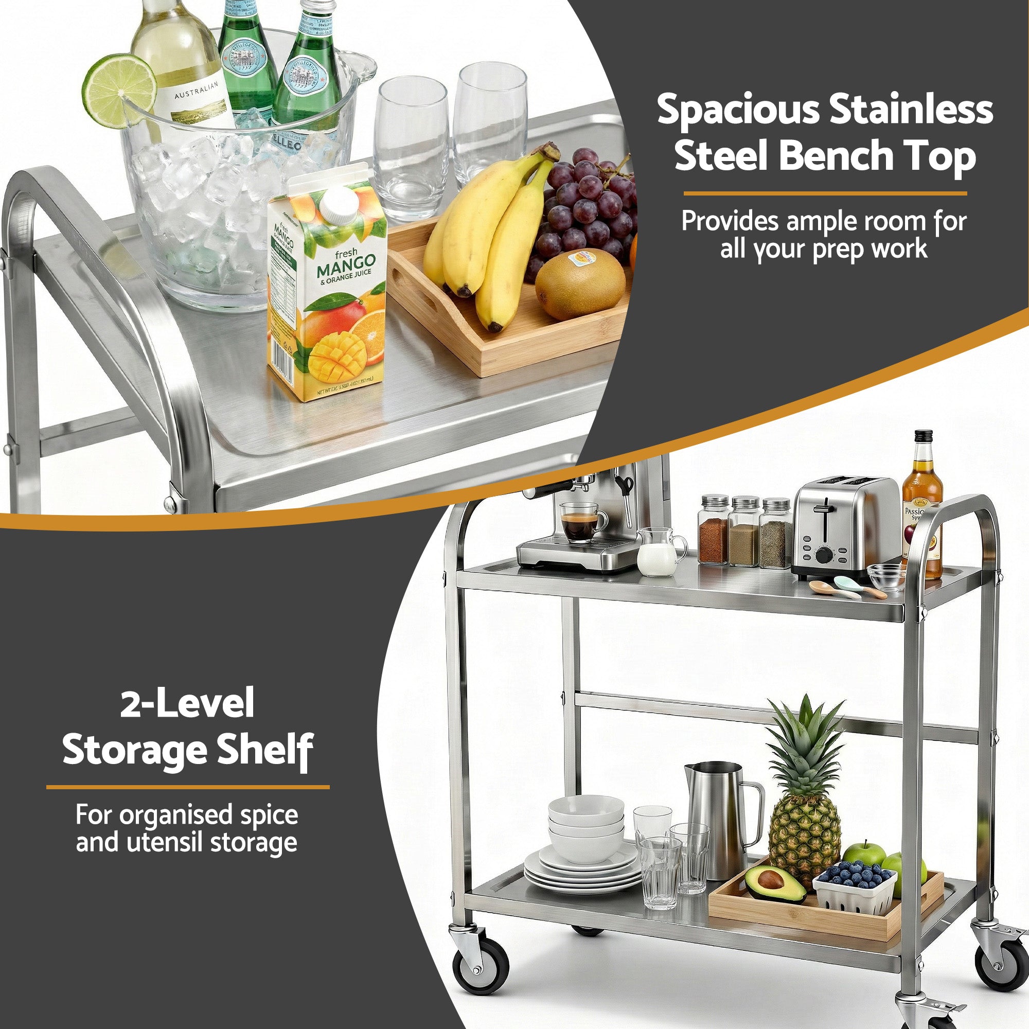 2-Tier Stainless Steel Kitchen Trolley with Wheels 84x56x98cm - Silver