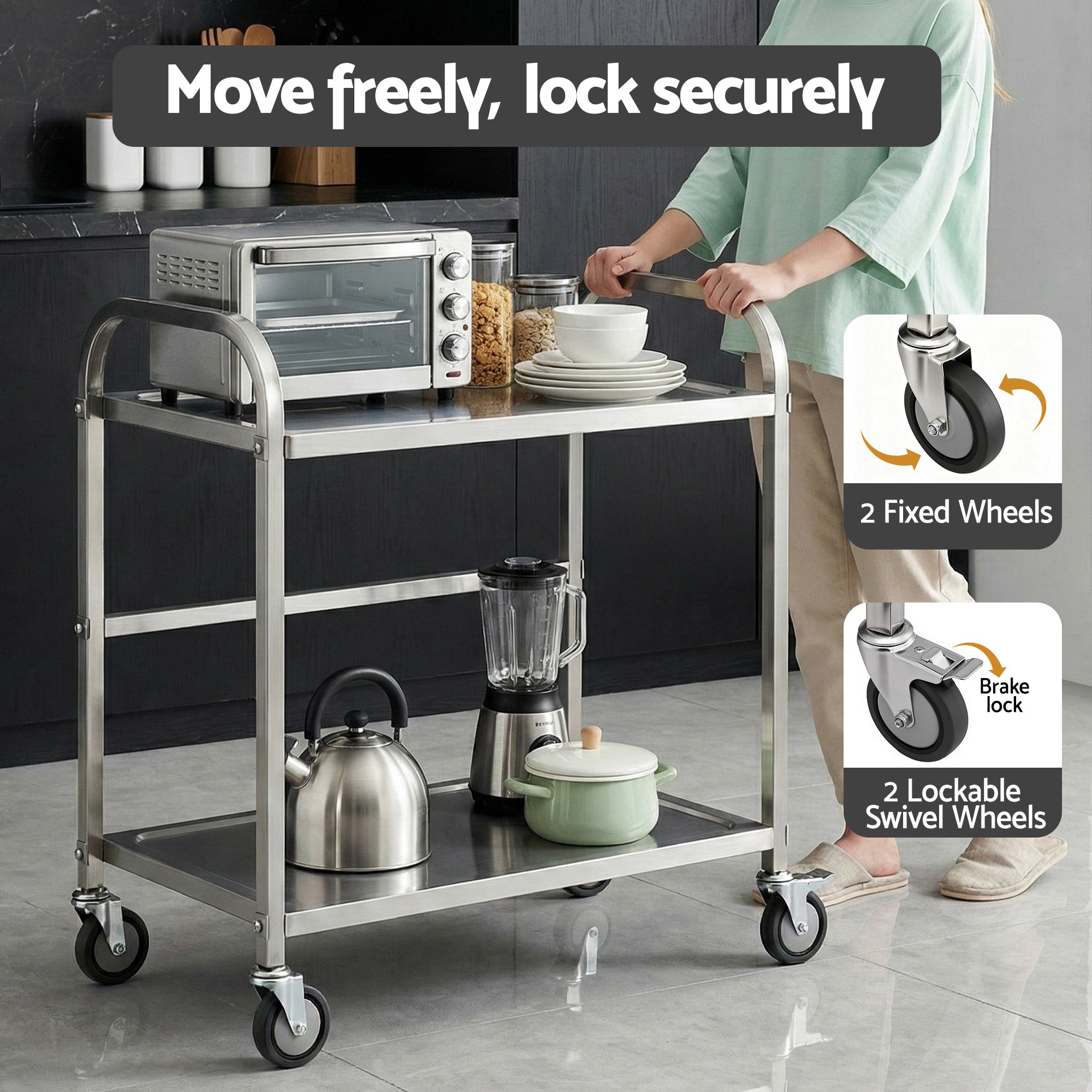 2-Tier Stainless Steel Kitchen Trolley with Wheels 84x56x98cm - Silver