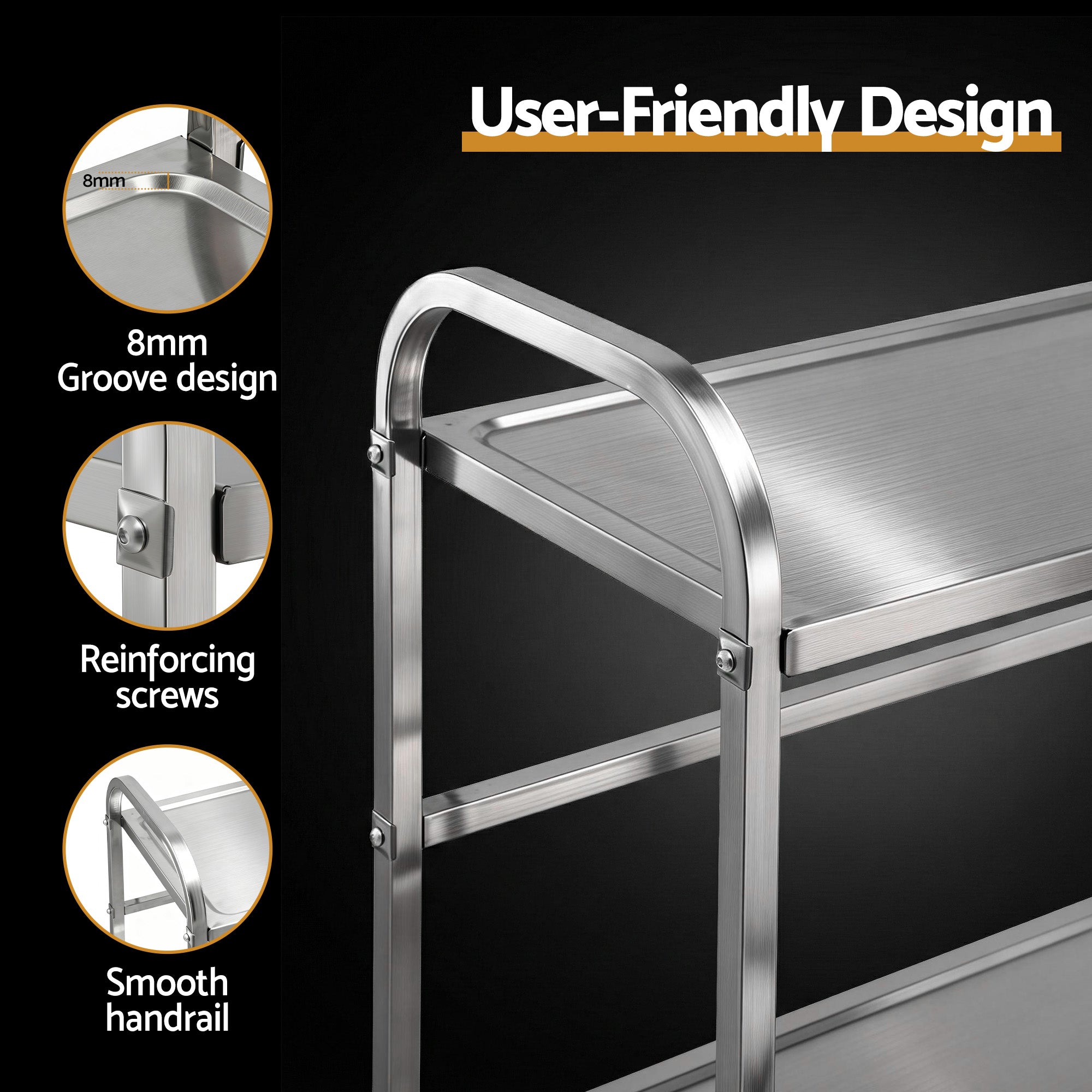 2-Tier Stainless Steel Kitchen Trolley with Wheels 84x56x98cm - Silver
