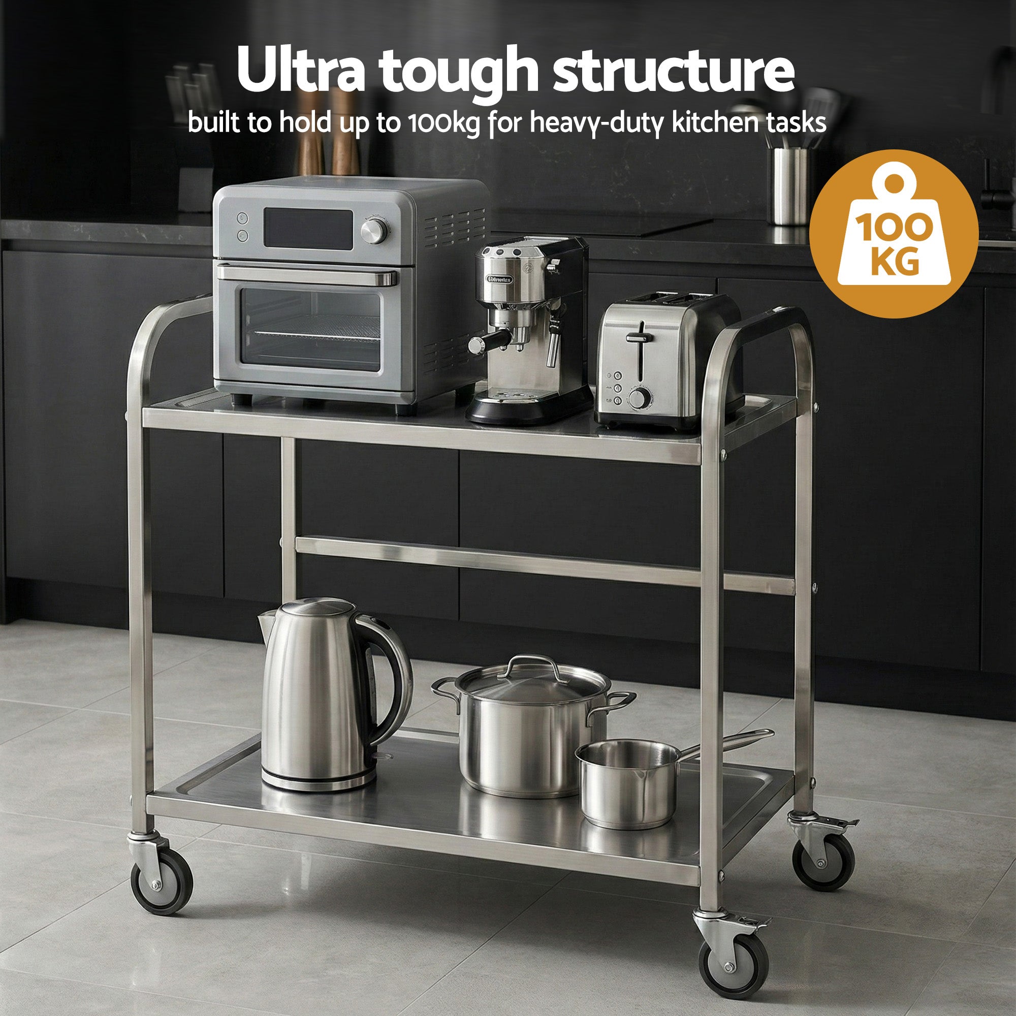 2-Tier Stainless Steel Kitchen Trolley with Wheels 84x56x98cm - Silver