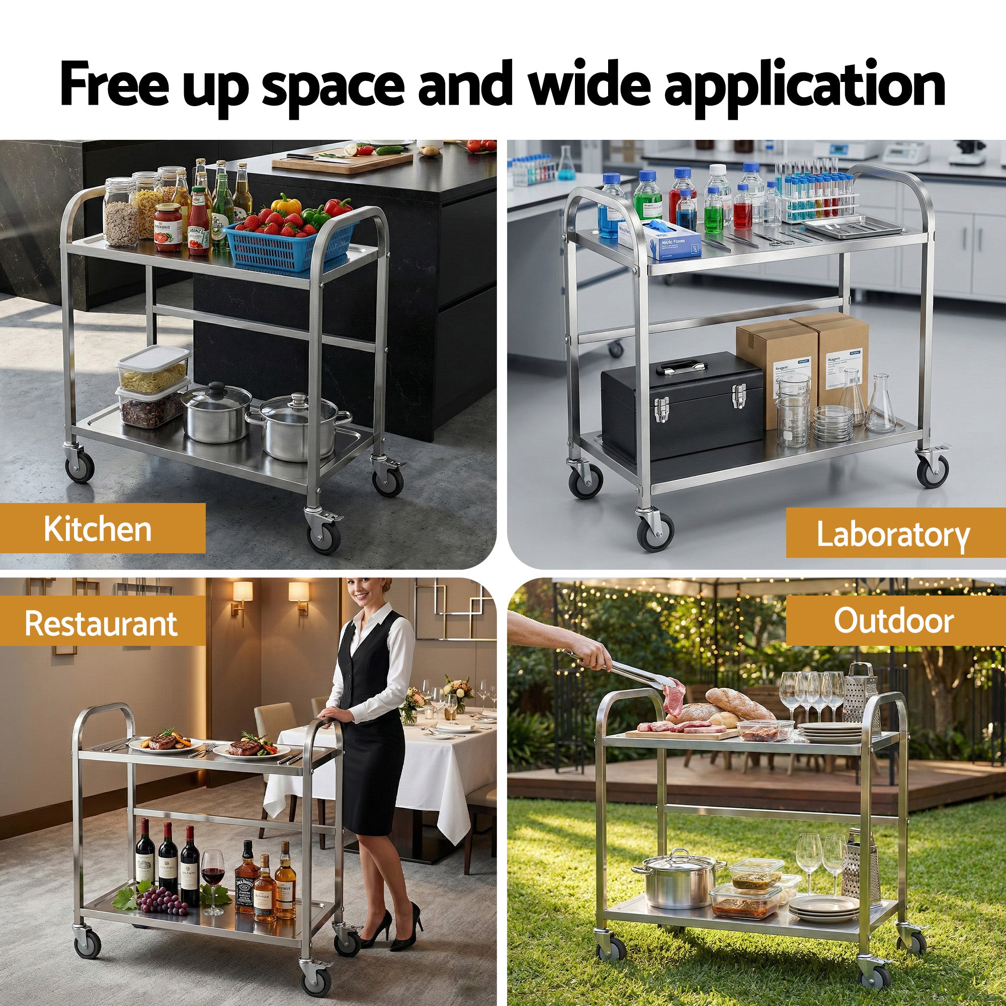 2-Tier Stainless Steel Kitchen Trolley with Wheels 84x56x98cm - Silver
