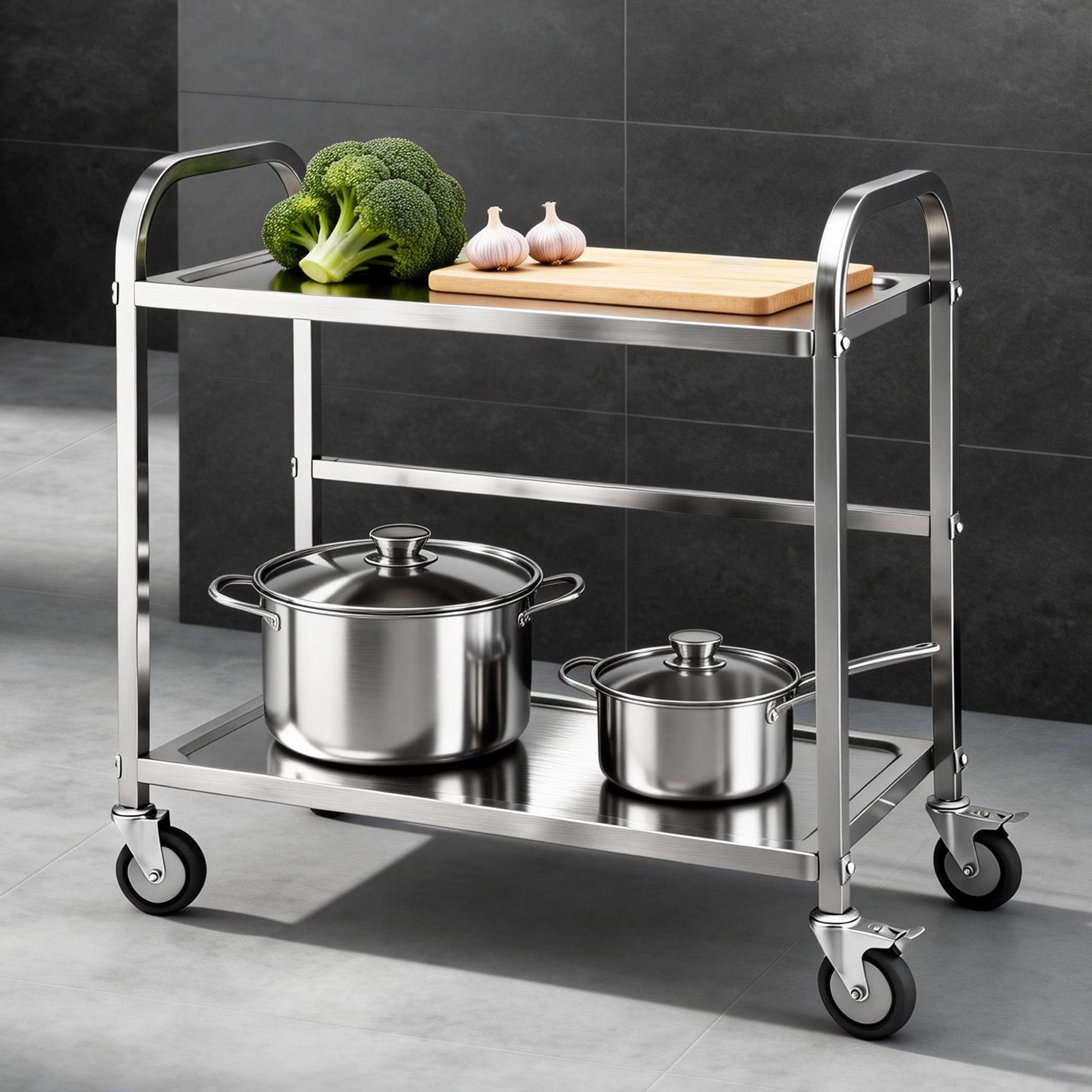 2-Tier Stainless Steel Kitchen Trolley with Wheels 84x56x98cm - Silver