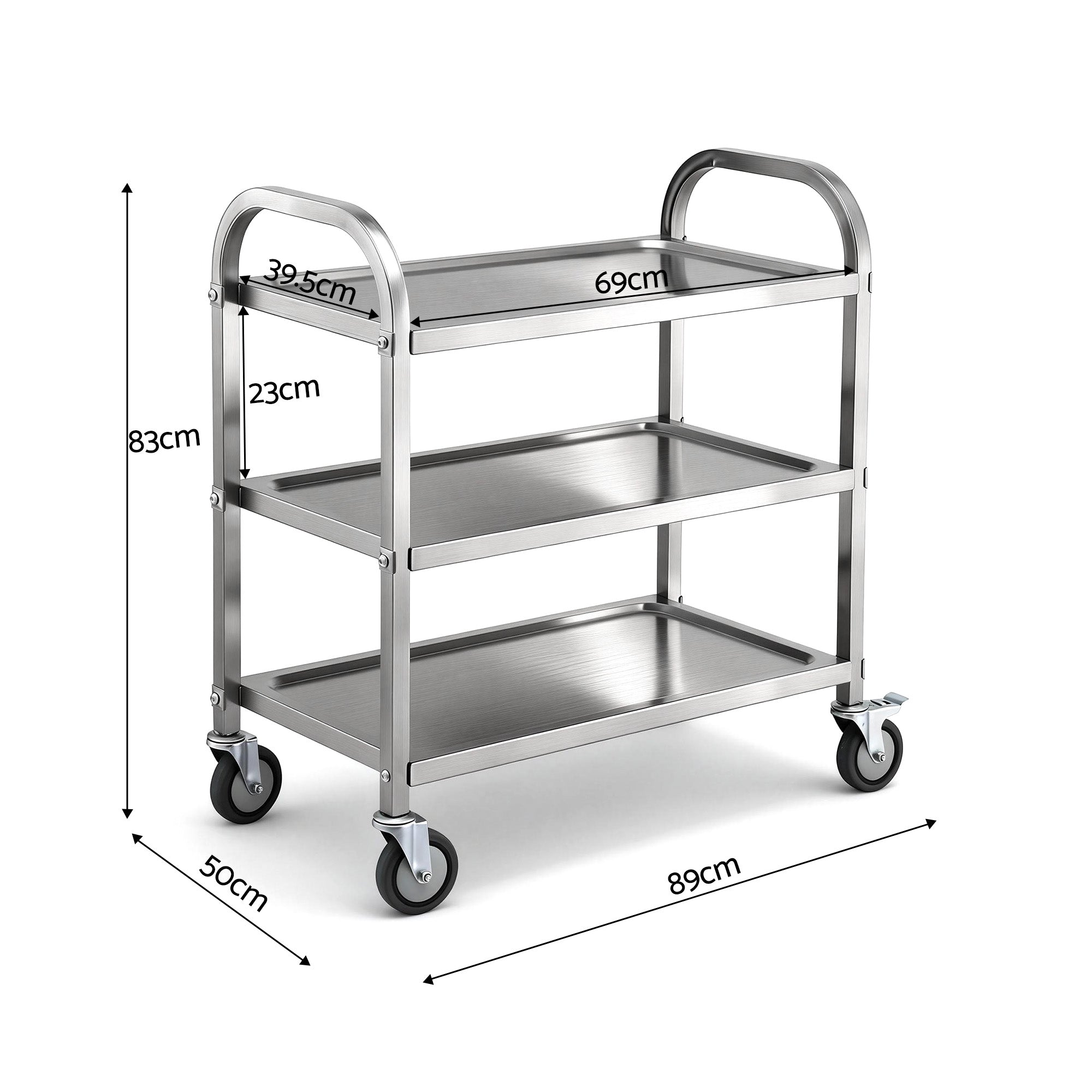 3-Tier Stainless Steel Kitchen Trolley with Wheels 89x50x83cm - Silver