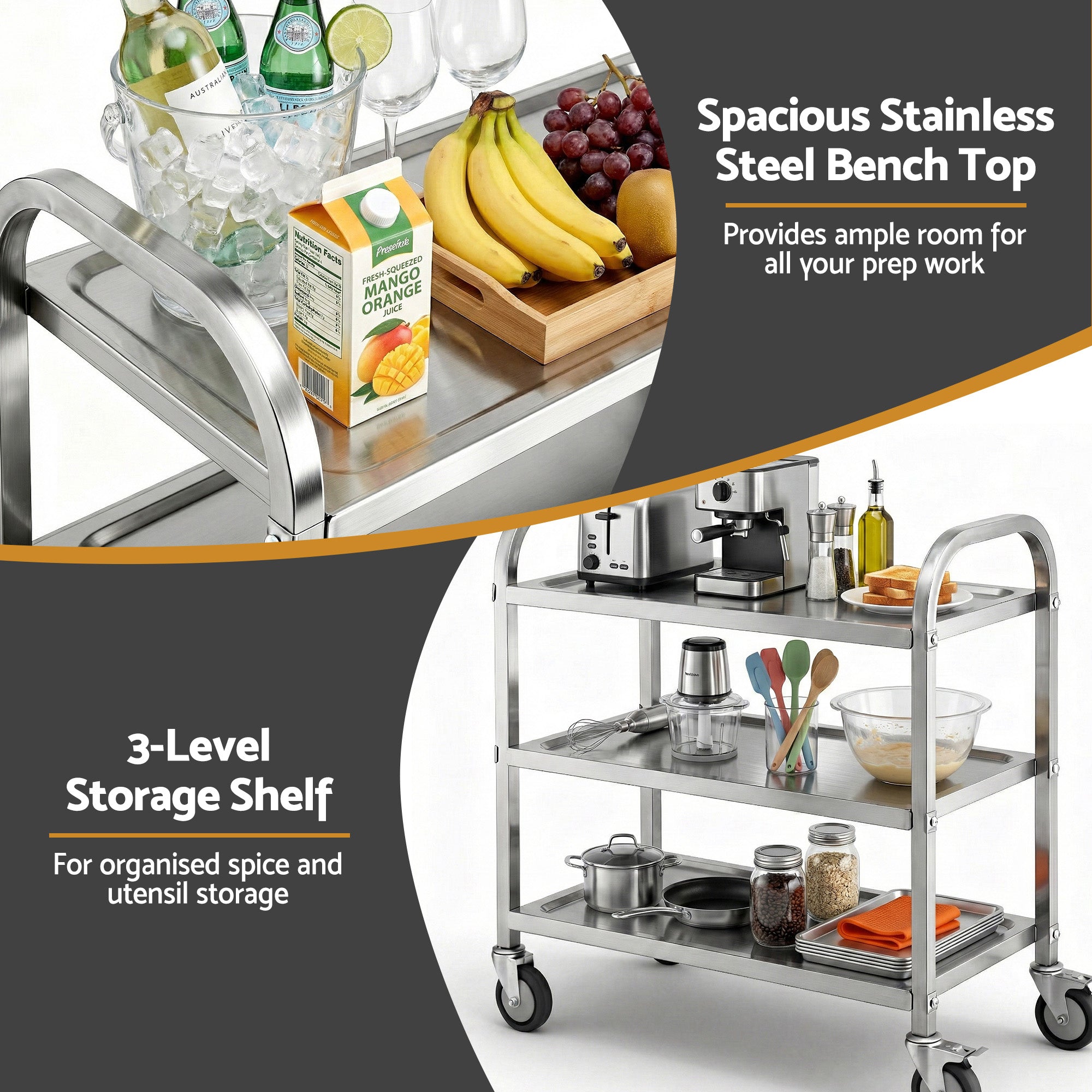 3-Tier Stainless Steel Kitchen Trolley with Wheels 89x50x83cm - Silver