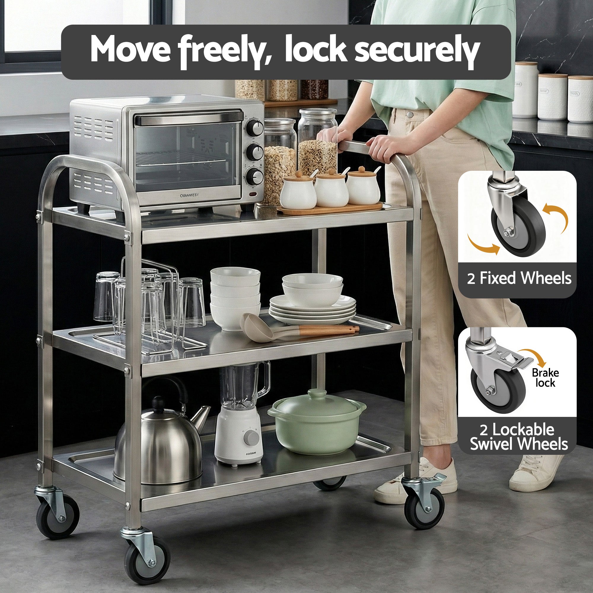 3-Tier Stainless Steel Kitchen Trolley with Wheels 89x50x83cm - Silver