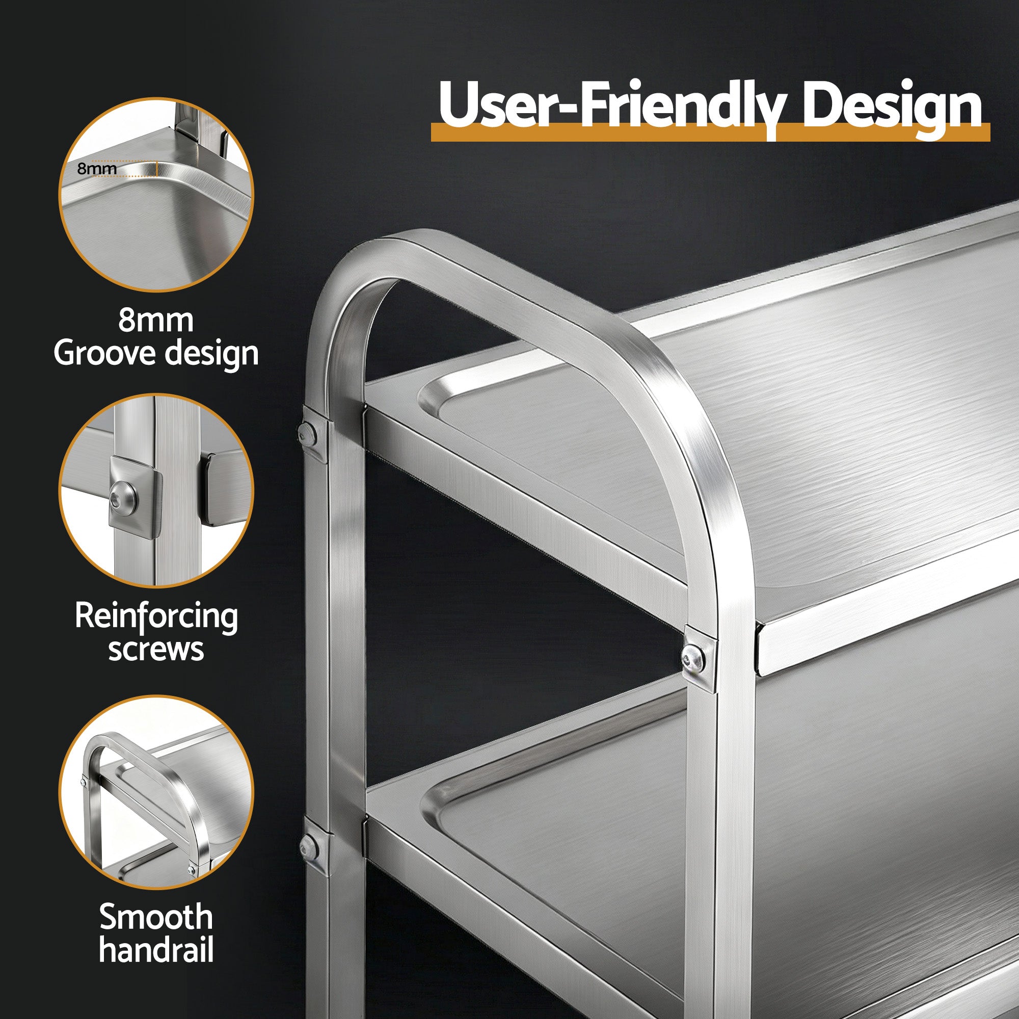 3-Tier Stainless Steel Kitchen Trolley with Wheels 89x50x83cm - Silver