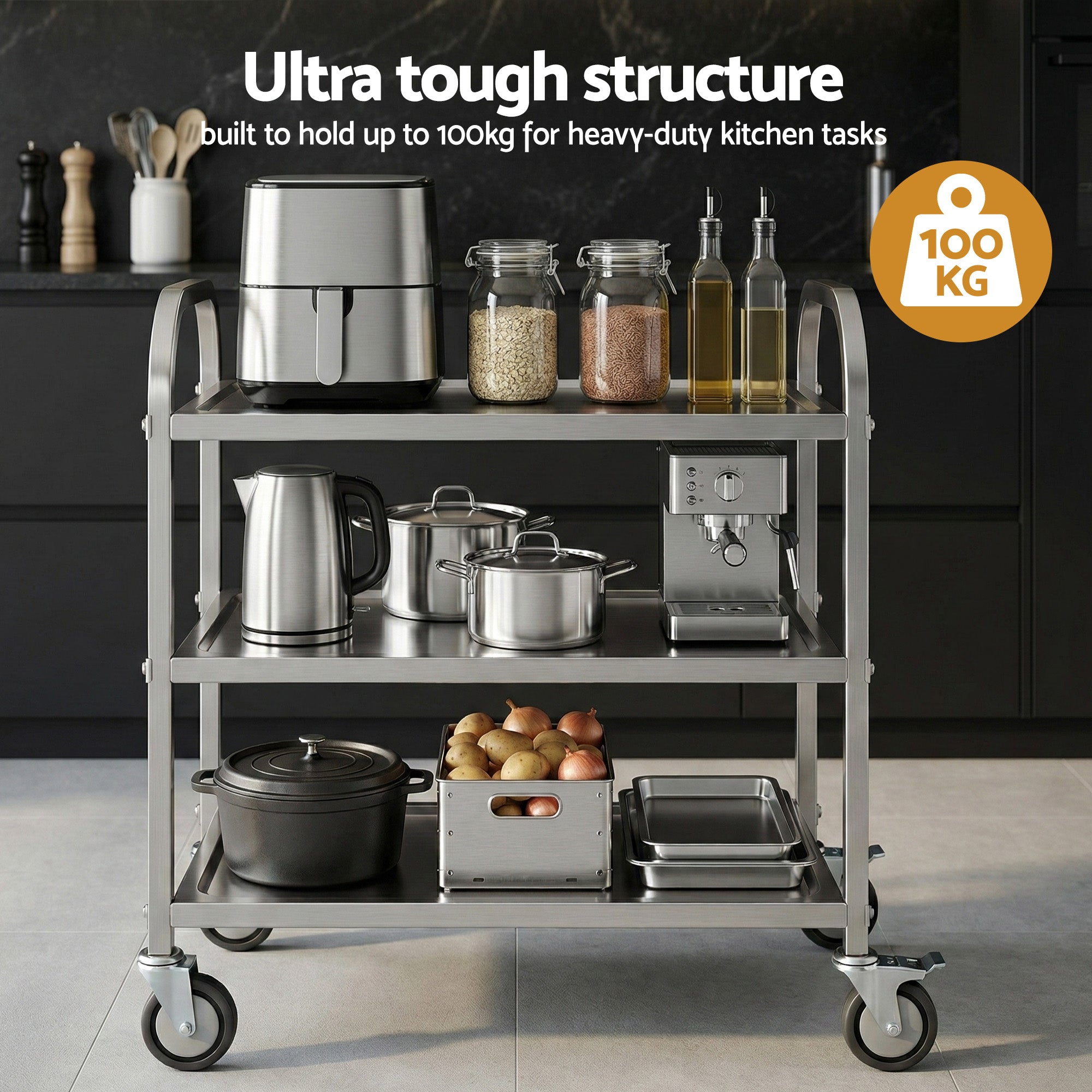3-Tier Stainless Steel Kitchen Trolley with Wheels 89x50x83cm - Silver