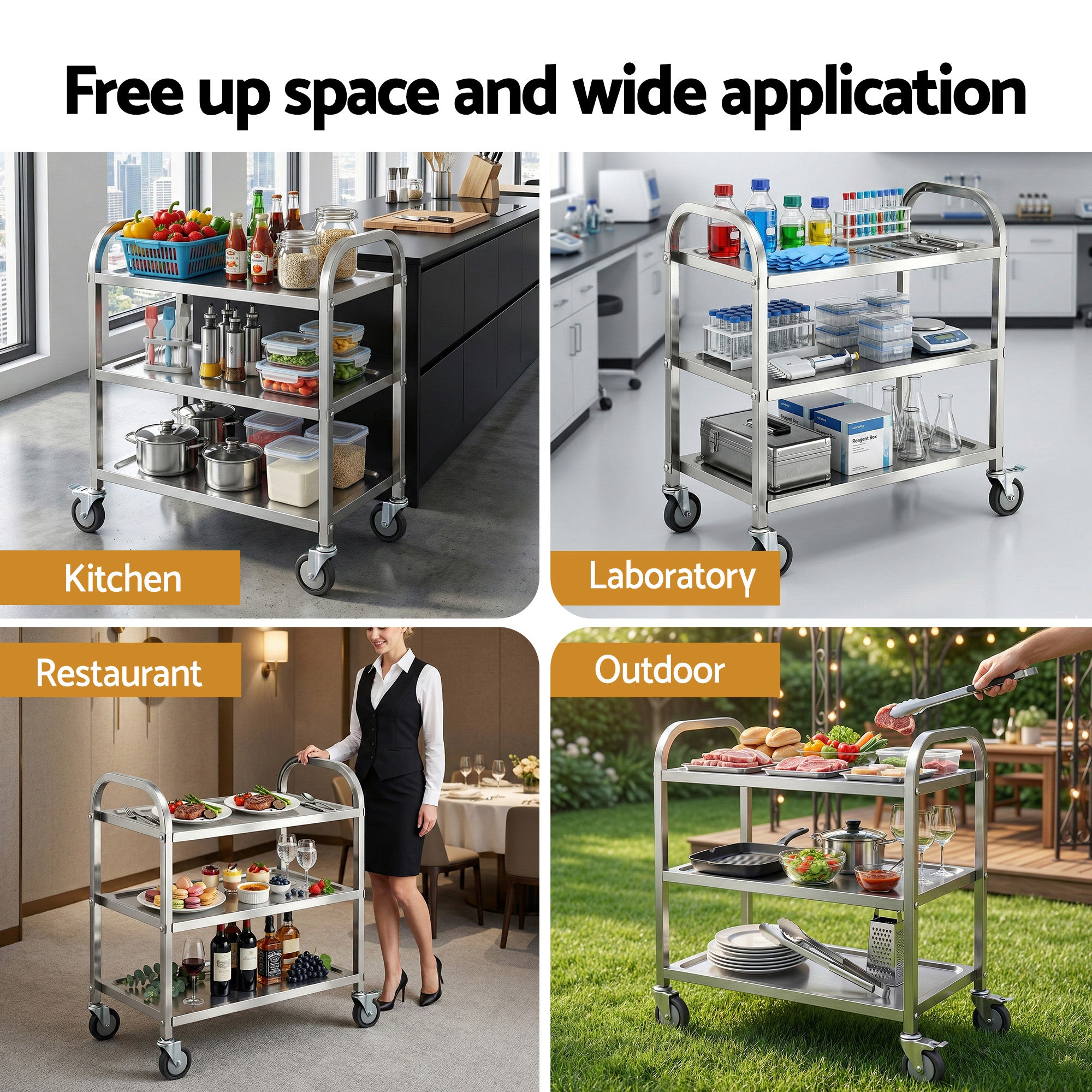 3-Tier Stainless Steel Kitchen Trolley with Wheels 89x50x83cm - Silver