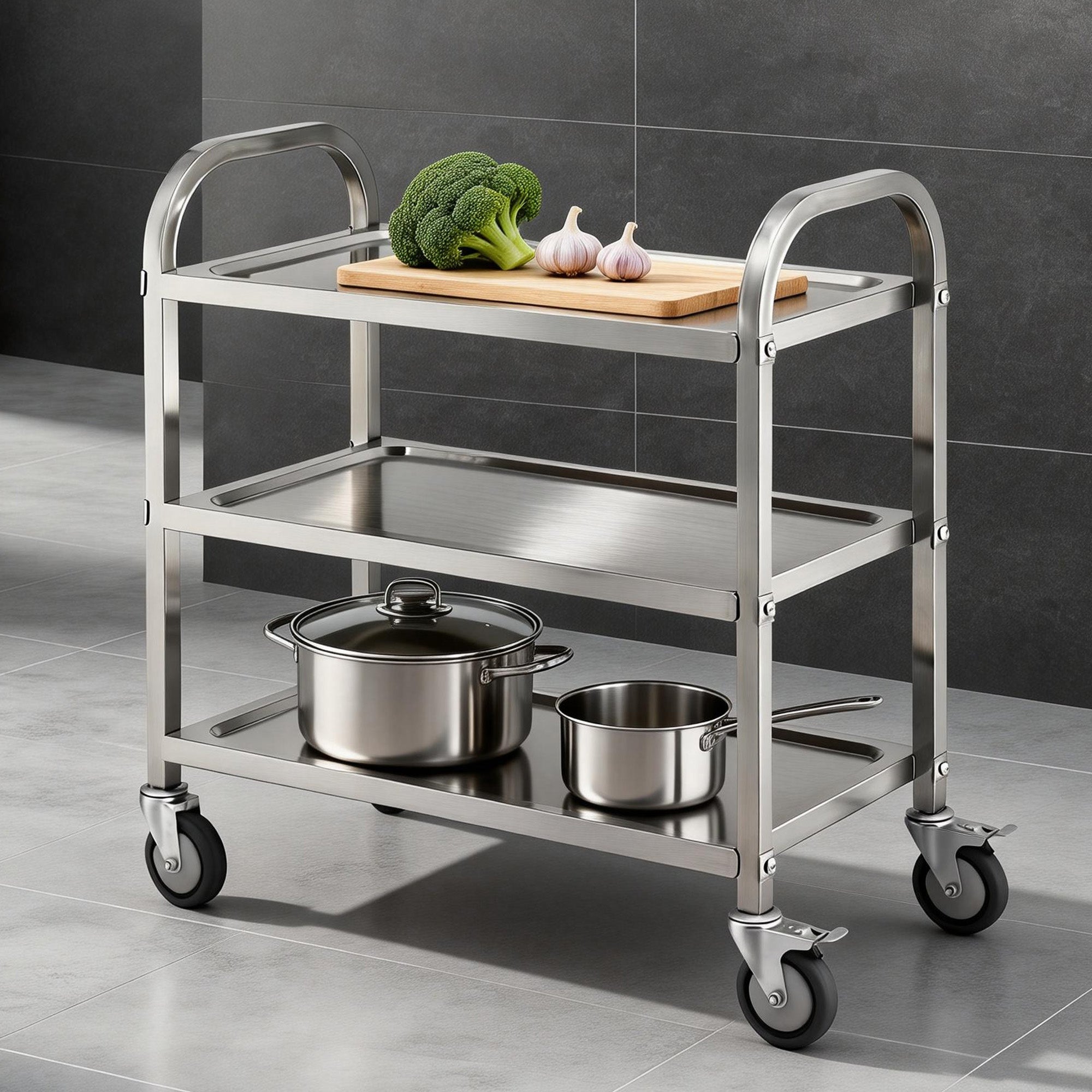 3-Tier Stainless Steel Kitchen Trolley with Wheels 89x50x83cm - Silver