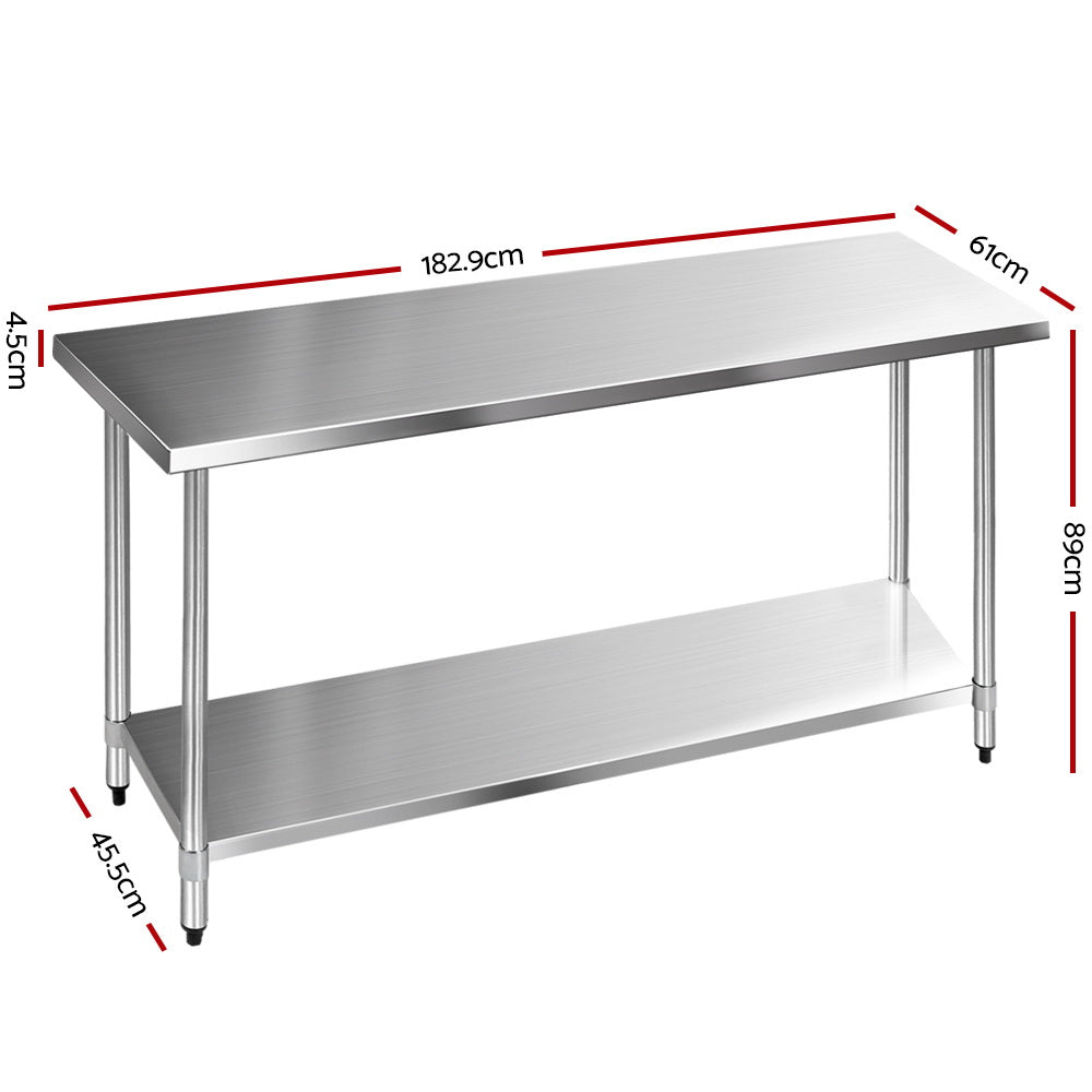 1829x610mm Stainless Steel Kitchen Bench 304