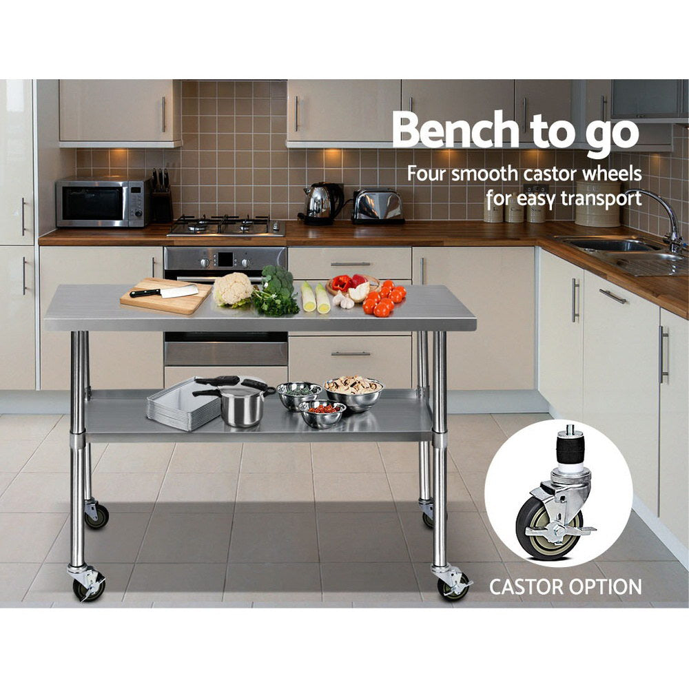 1219x610mm Stainless Steel Kitchen Bench with Wheels 304